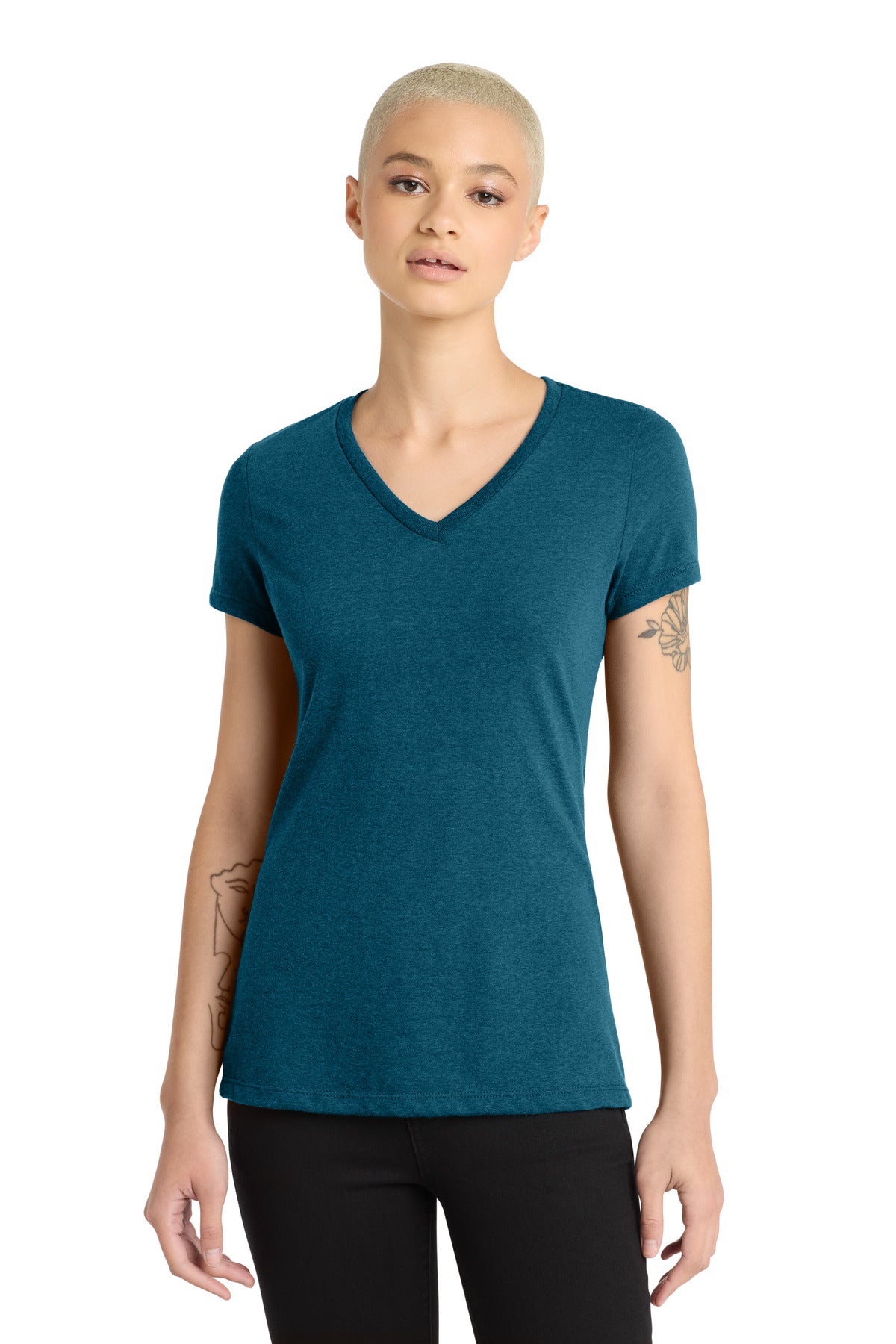 Custom logo District® Women's Perfect Blend® CVC V-Neck Tee. DM1190L in Deep Turquoise Fleck