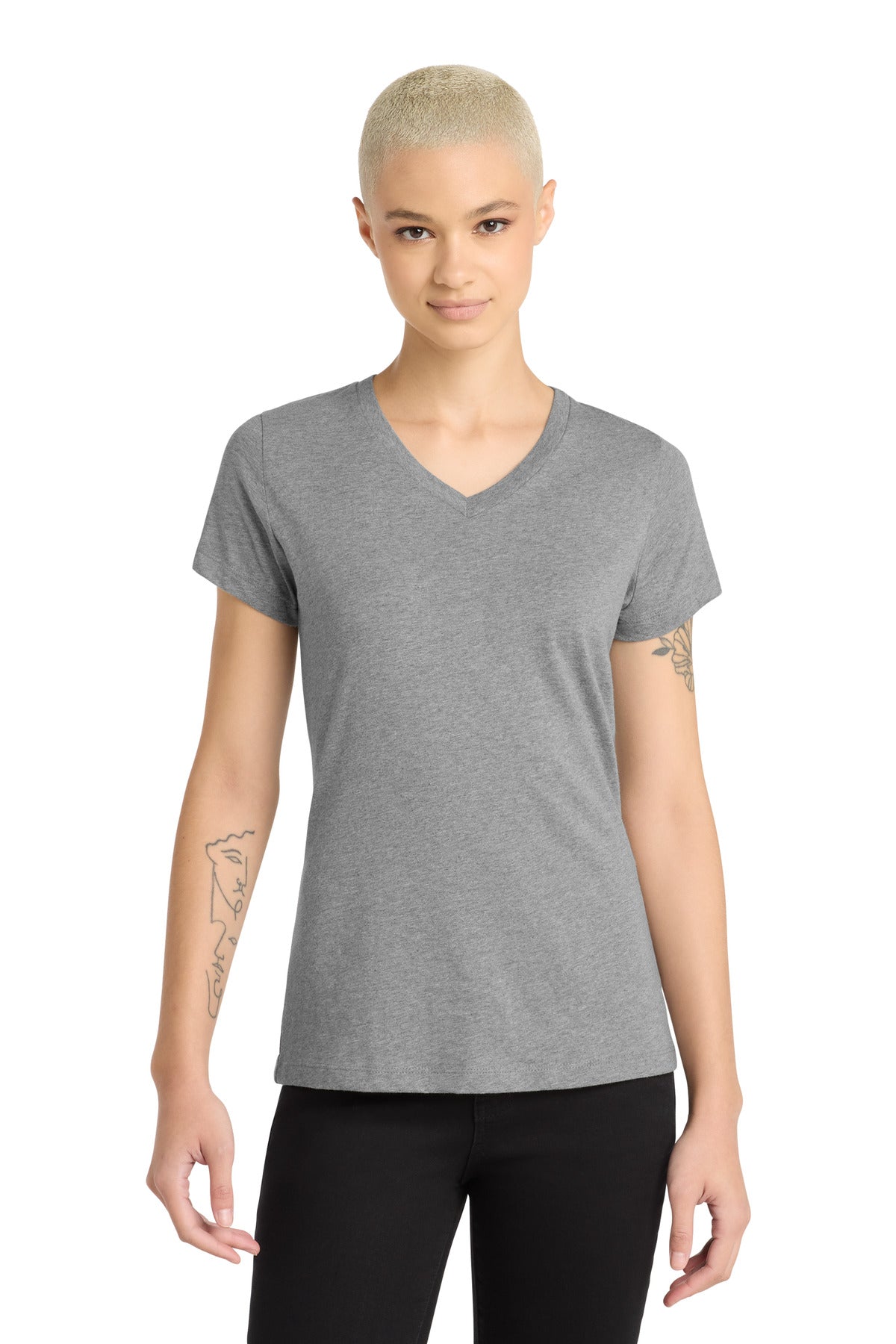 Custom logo District® Women's Perfect Blend® CVC V-Neck Tee. DM1190L in Grey Frost