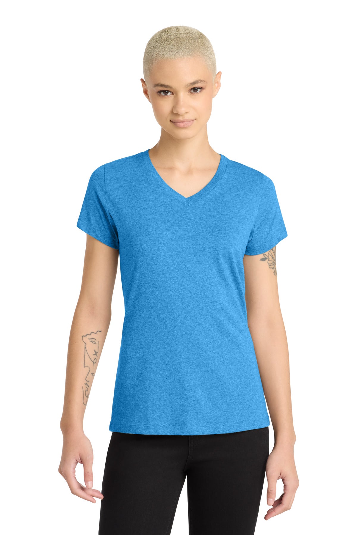 Custom logo District® Women's Perfect Blend® CVC V-Neck Tee. DM1190L in Heathered Bright Turquoise
