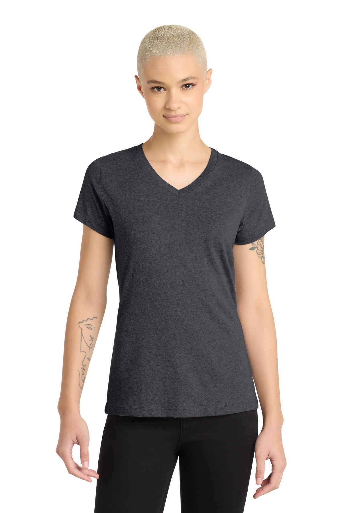 Custom logo District® Women's Perfect Blend® CVC V-Neck Tee. DM1190L in Heathered Charcoal