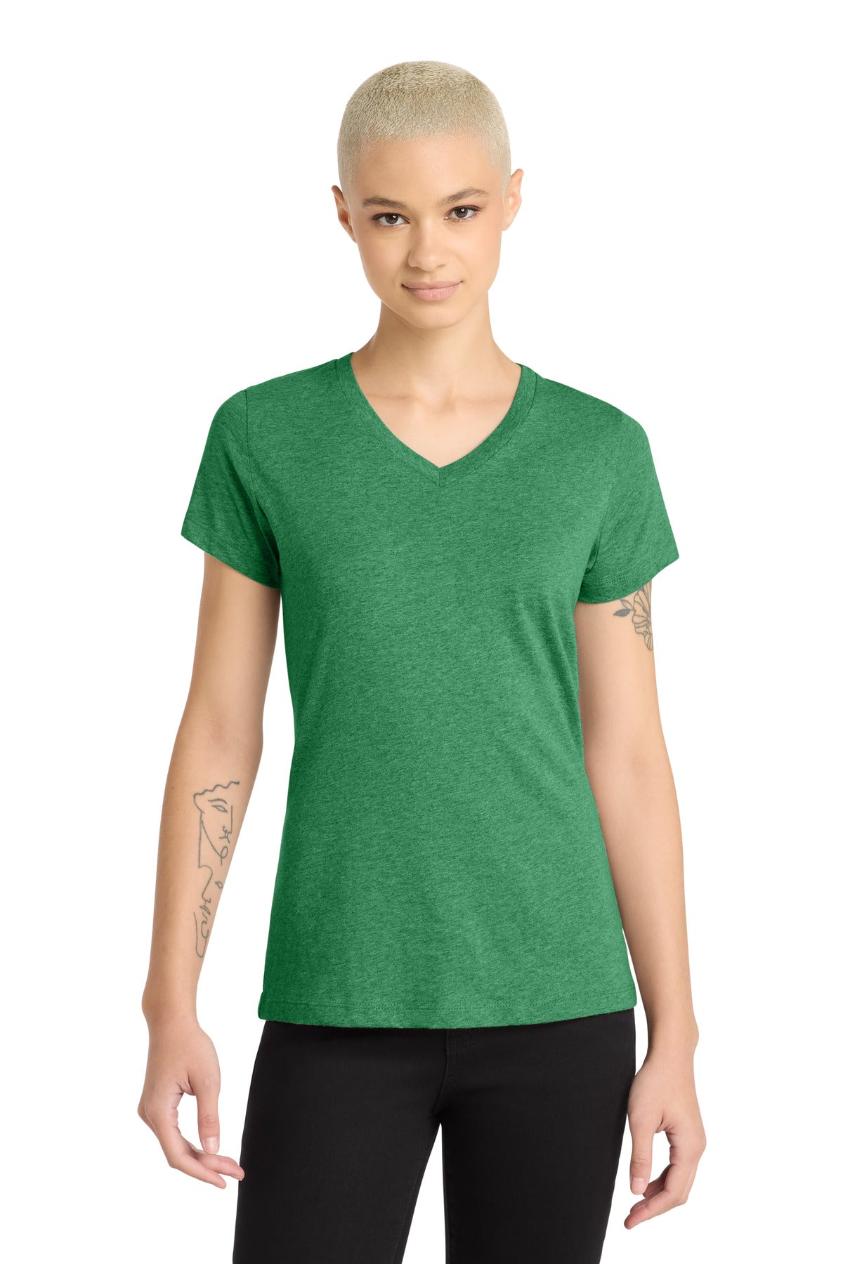 Custom logo District® Women's Perfect Blend® CVC V-Neck Tee. DM1190L in Heathered Kelly Green
