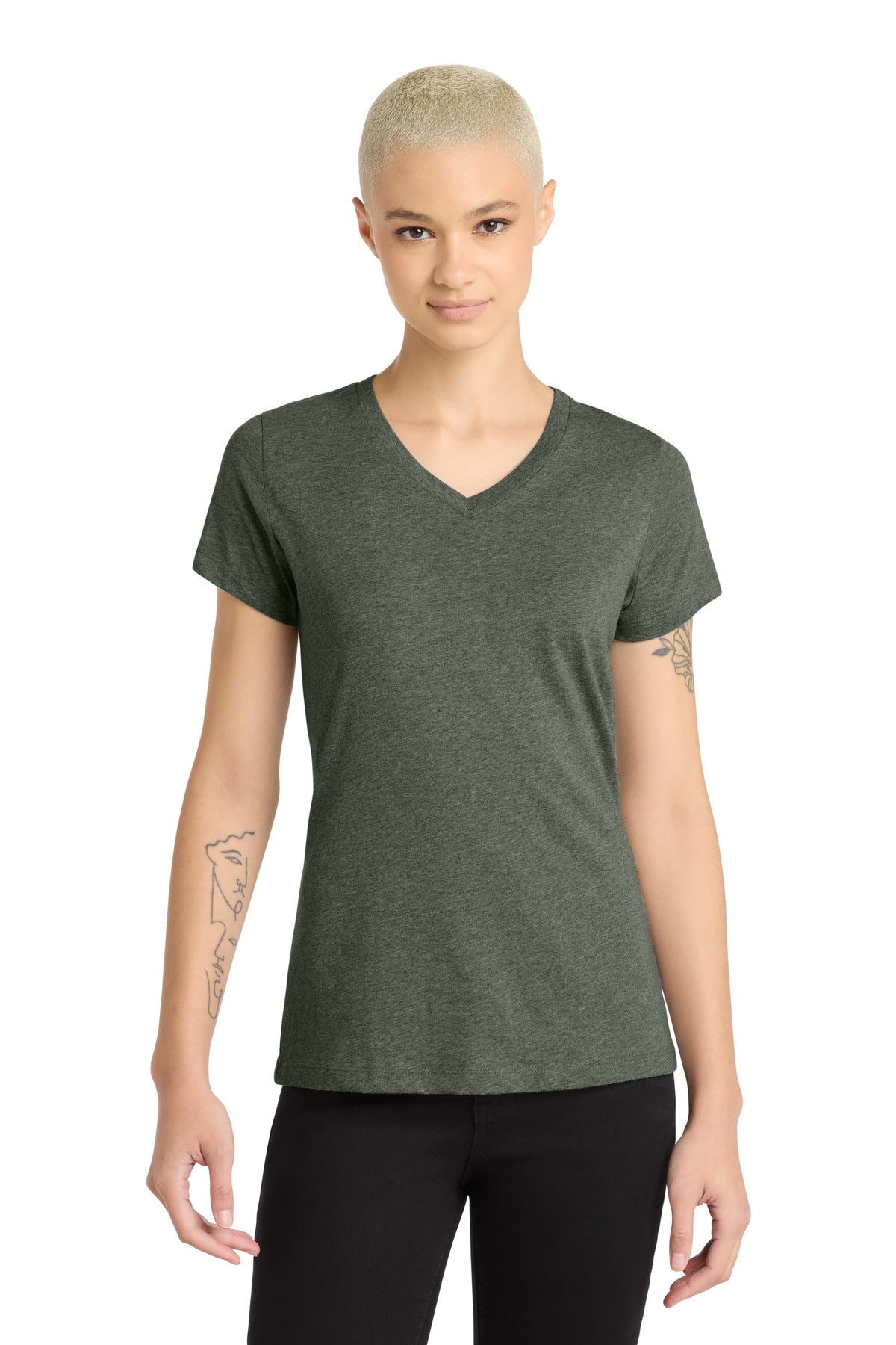 Custom logo District® Women's Perfect Blend® CVC V-Neck Tee. DM1190L in Heathered Olive