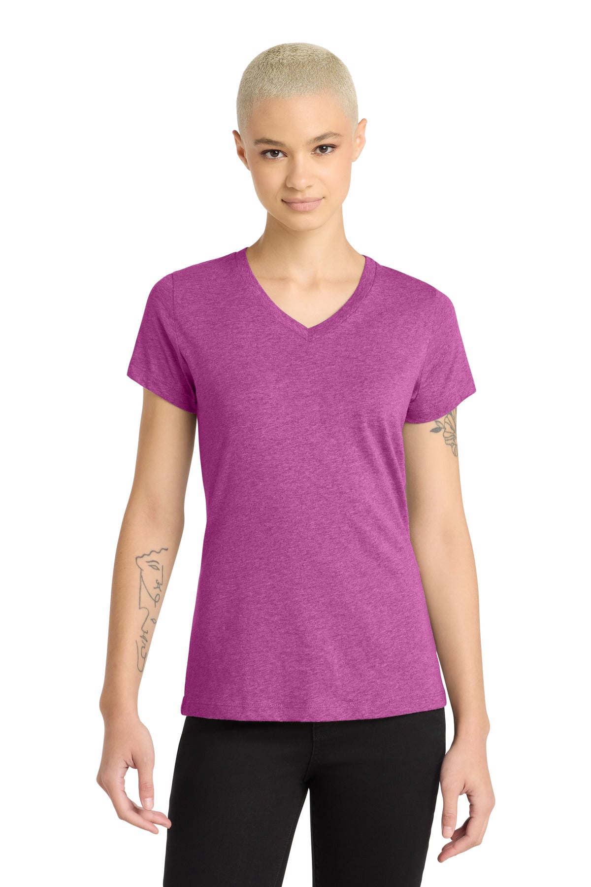 Custom logo District® Women's Perfect Blend® CVC V-Neck Tee. DM1190L in Heathered Pink Raspberry