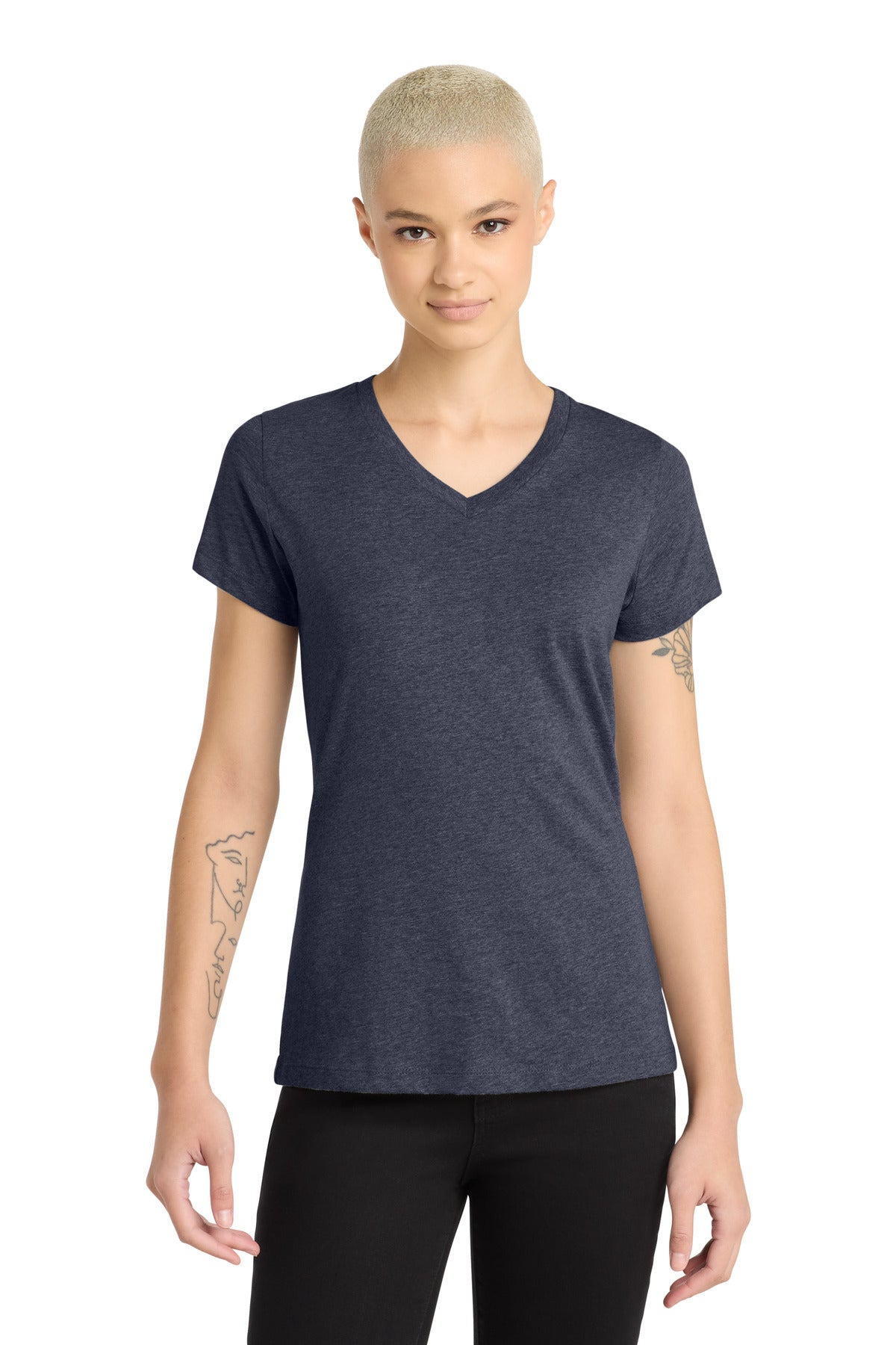 Custom logo District® Women's Perfect Blend® CVC V-Neck Tee. DM1190L in Heathered Navy