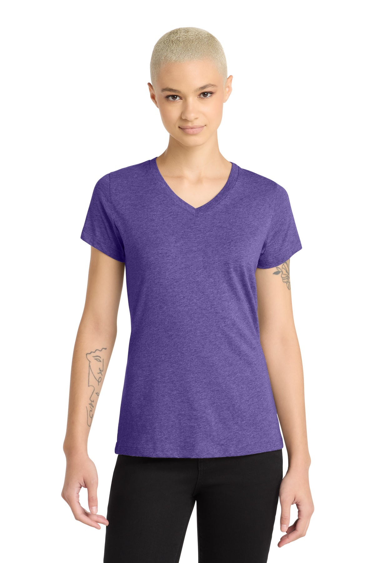 Custom logo District® Women's Perfect Blend® CVC V-Neck Tee. DM1190L in Heathered Purple