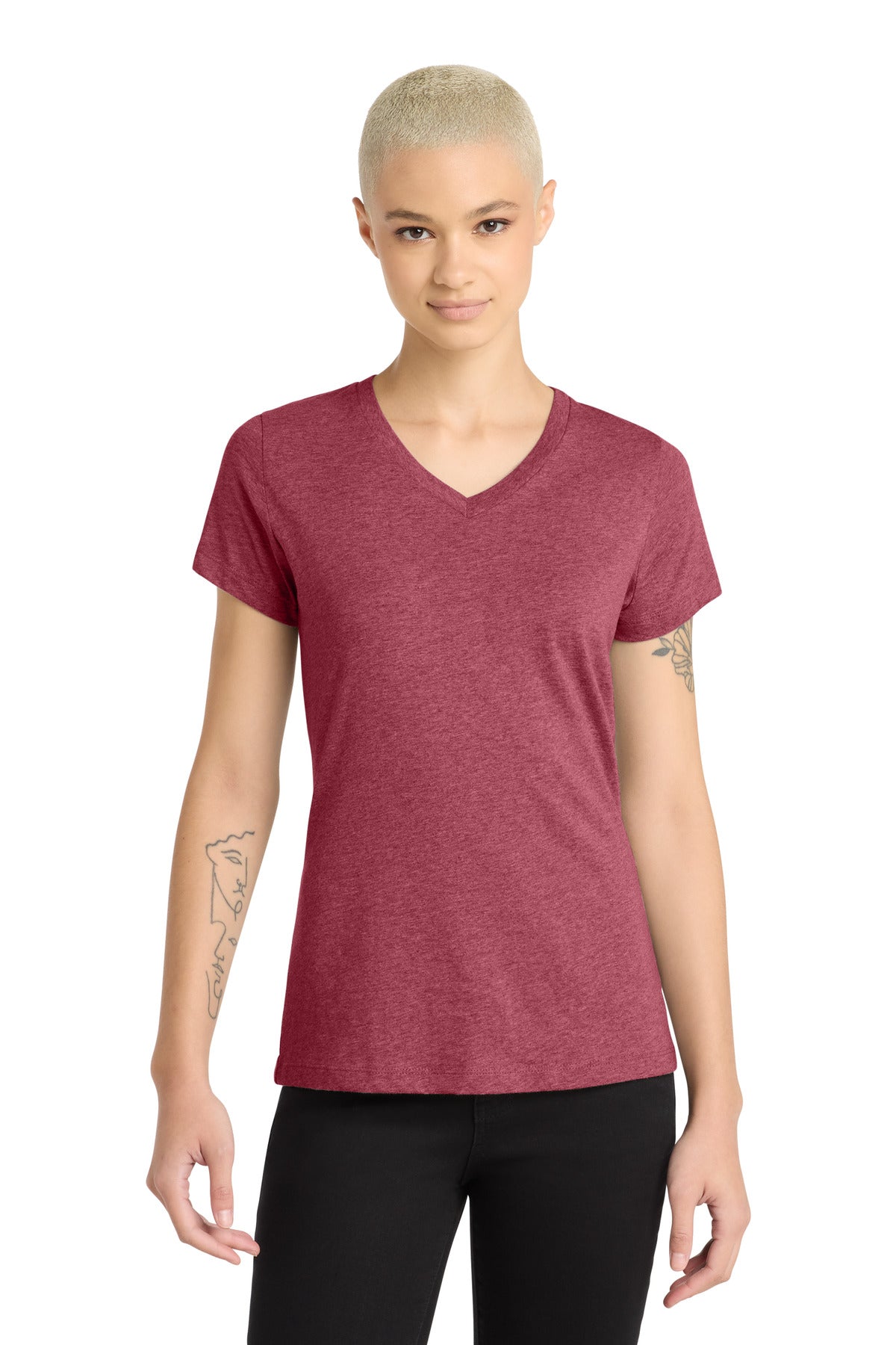 Custom logo District® Women's Perfect Blend® CVC V-Neck Tee. DM1190L in Heathered Red