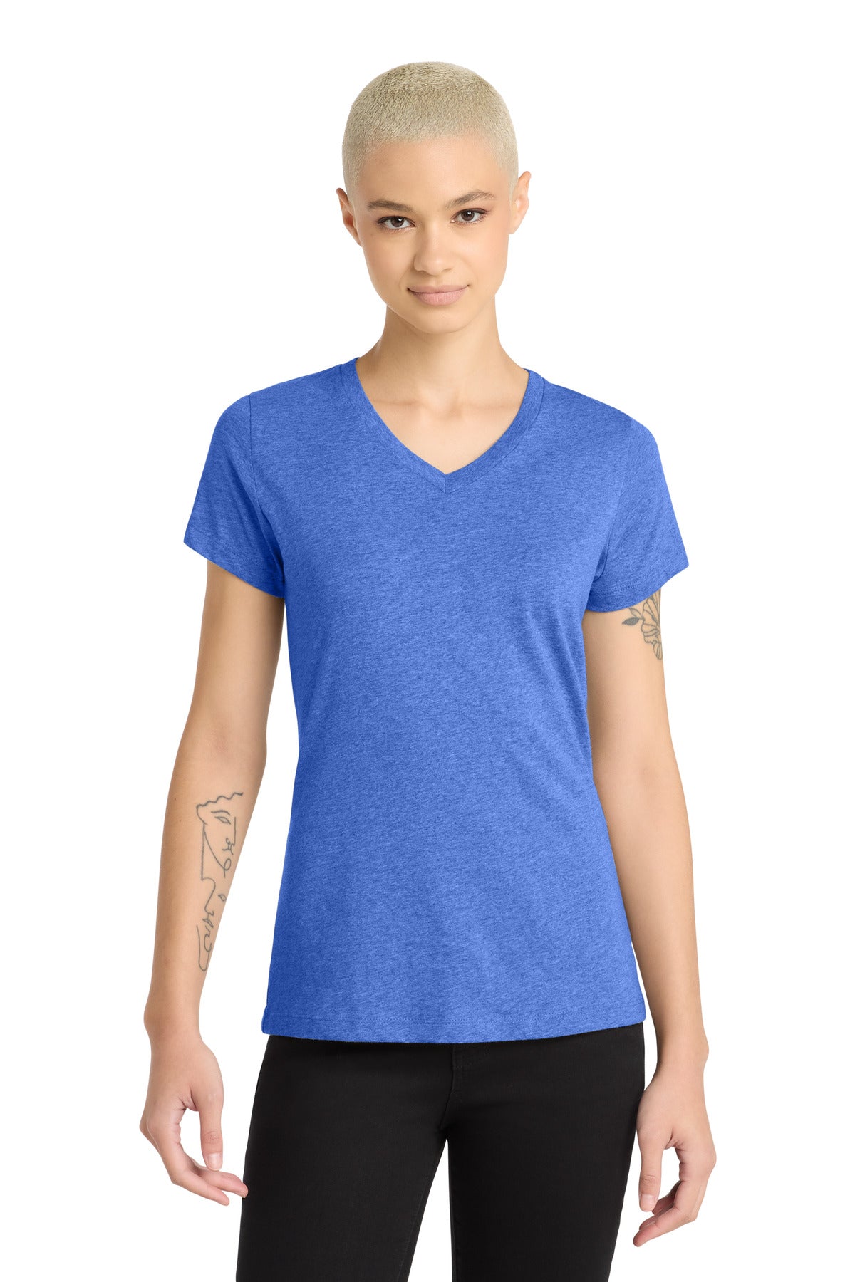 Custom logo District® Women's Perfect Blend® CVC V-Neck Tee. DM1190L in Heathered Royal