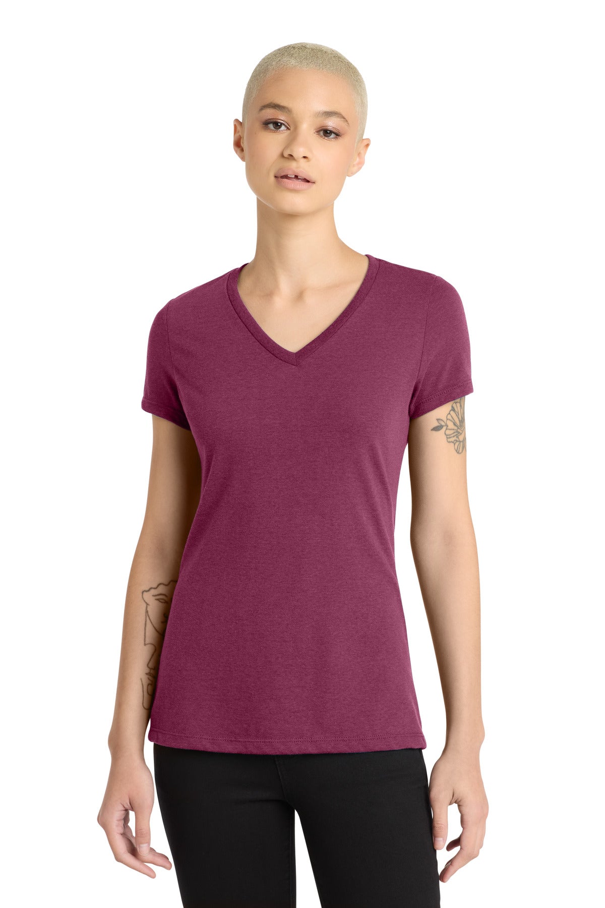 Custom logo District® Women's Perfect Blend® CVC V-Neck Tee. DM1190L in Raspberry Fleck