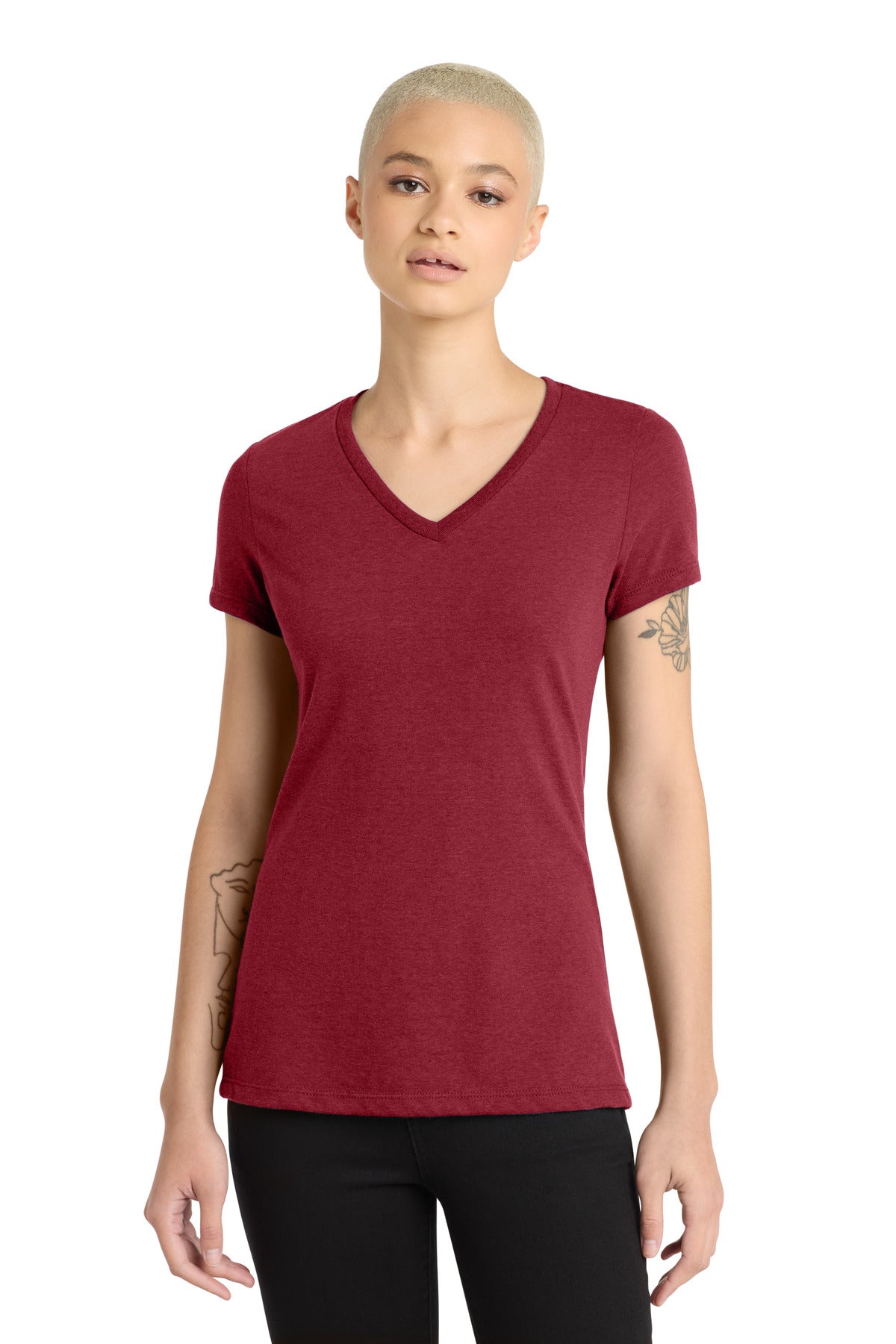 Custom logo District® Women's Perfect Blend® CVC V-Neck Tee. DM1190L in Red Fleck