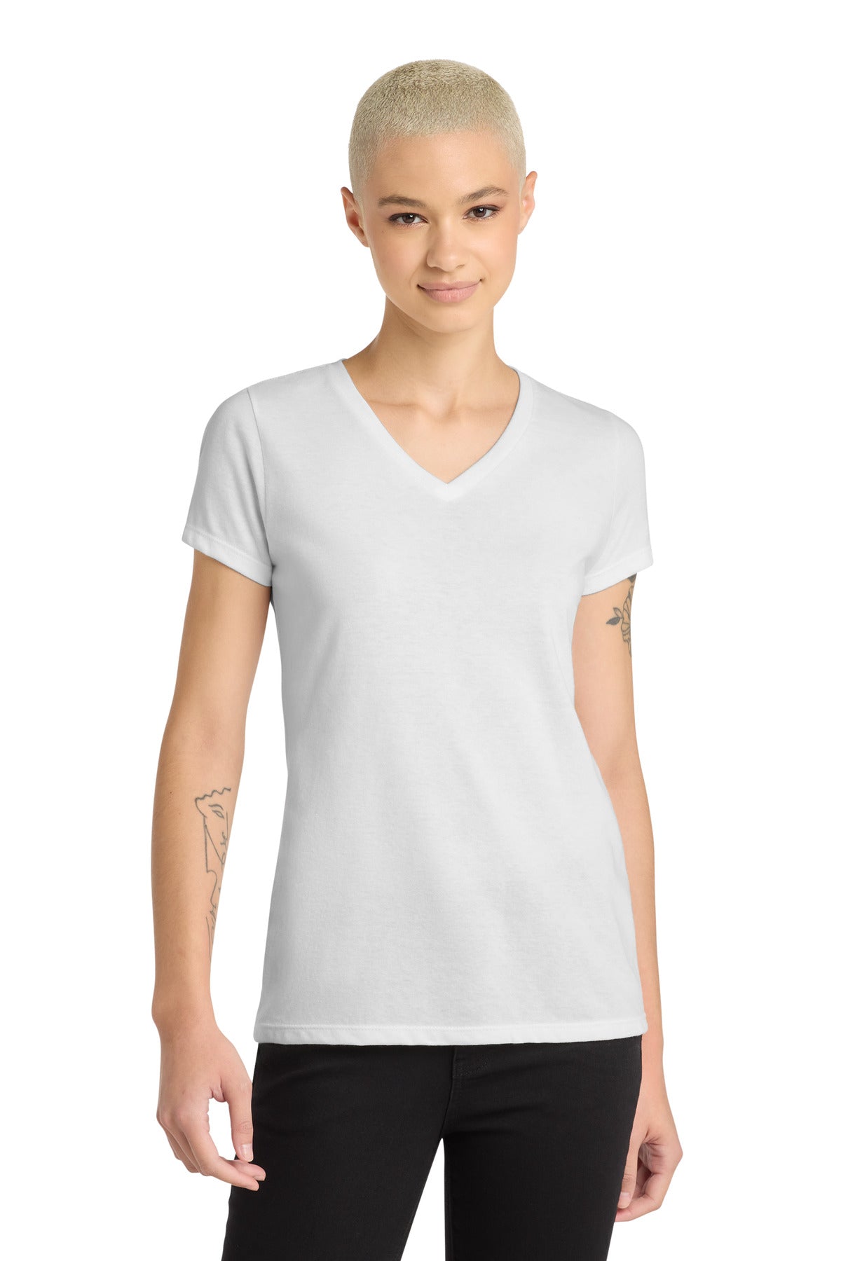 Custom logo District® Women's Perfect Blend® CVC V-Neck Tee. DM1190L in White