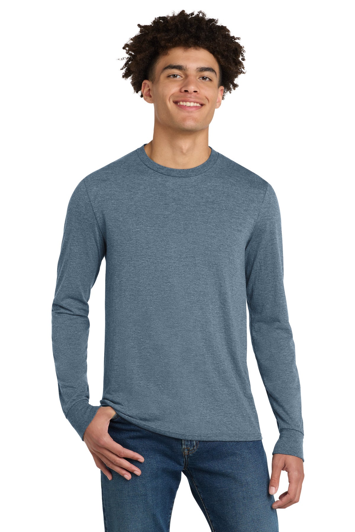 Custom logo District® Perfect Tri® Long Sleeve Tee . DM132 in Flint Blue Heather