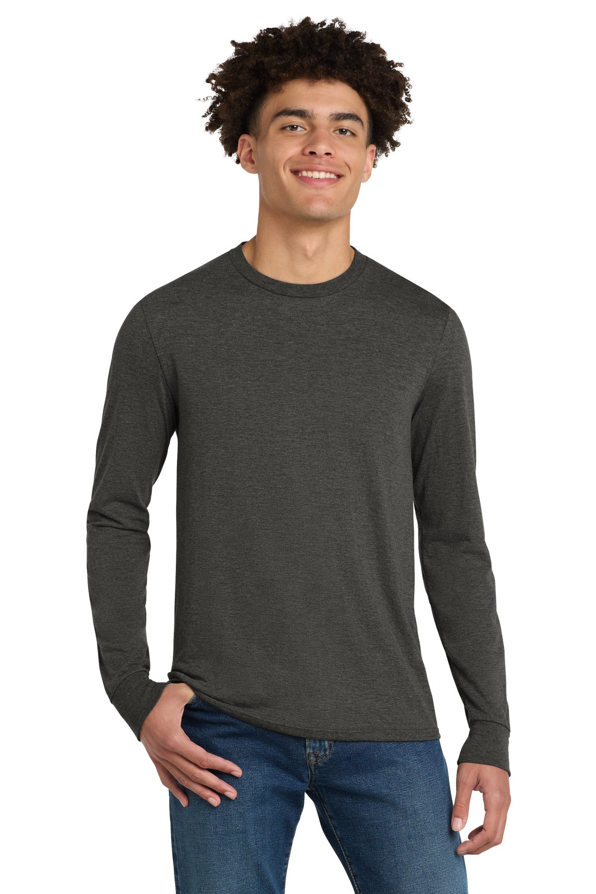Custom logo District® Perfect Tri® Long Sleeve Tee . DM132 in Heathered Charcoal