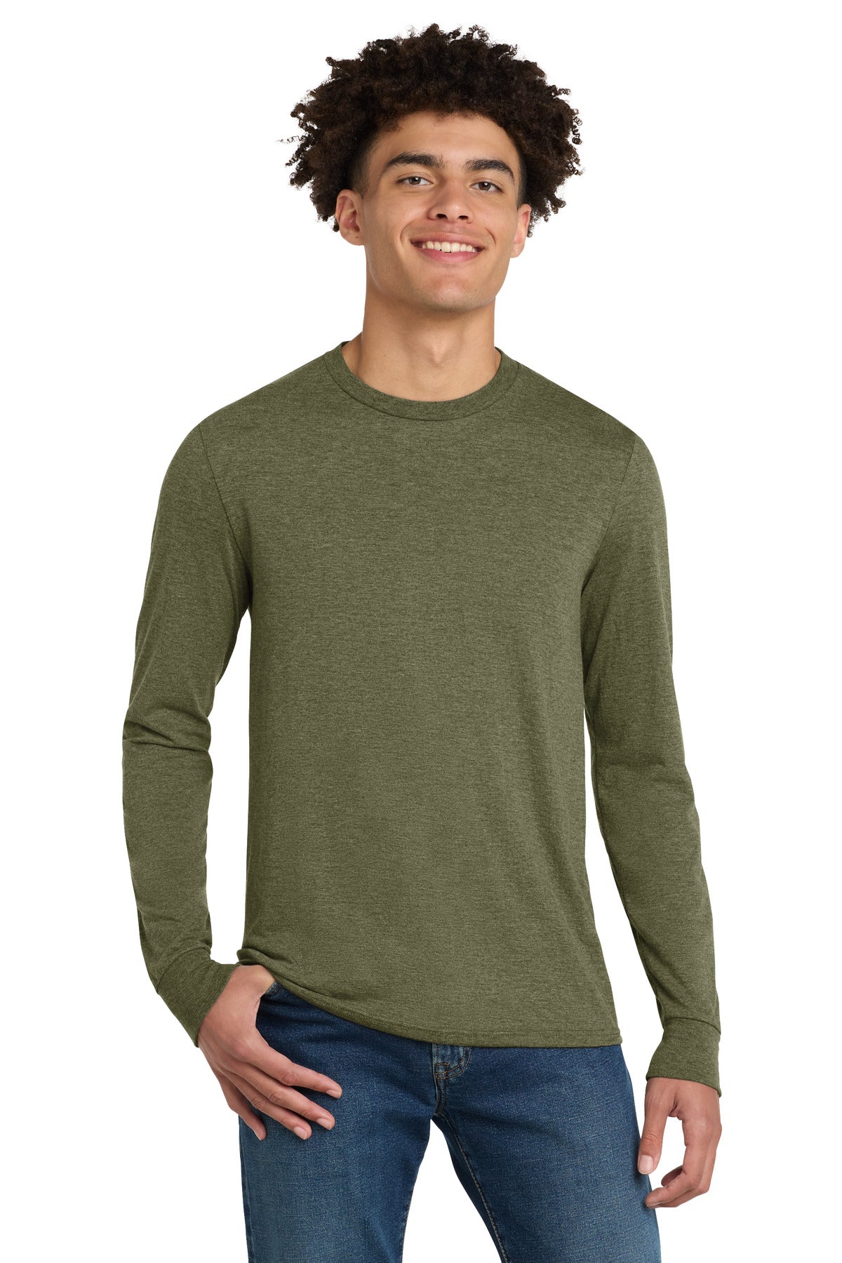 Custom logo District® Perfect Tri® Long Sleeve Tee . DM132 in Military Green Frost
