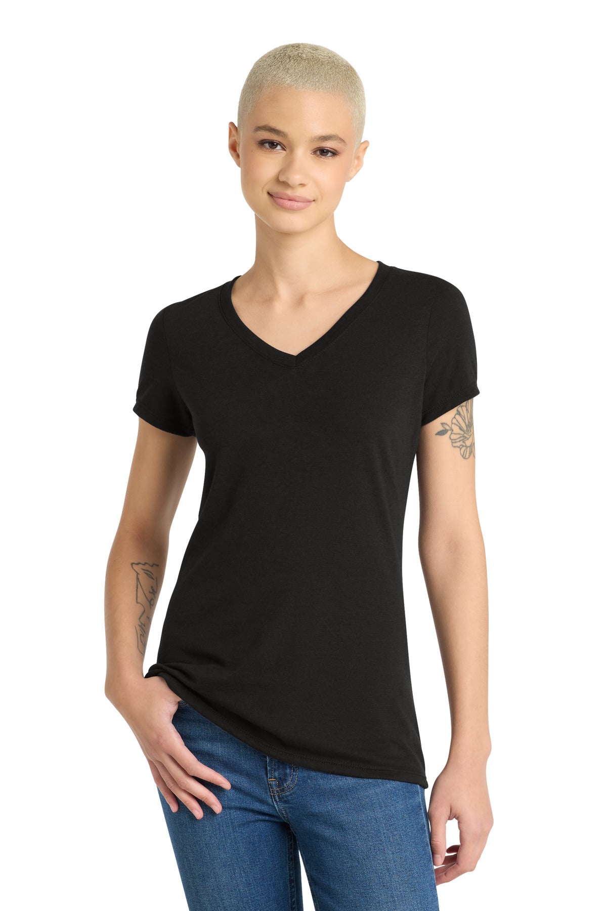 Custom logo District® Women's Perfect Tri® V-Neck Tee. DM1350L in Black
