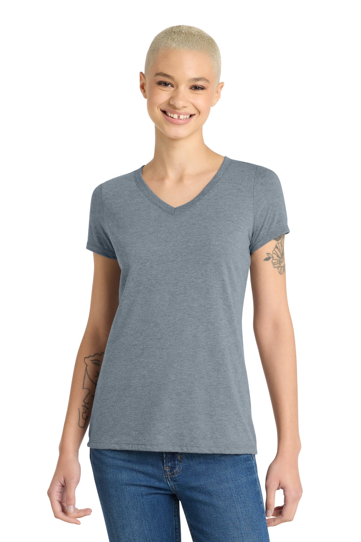 Custom logo District® Women's Perfect Tri® V-Neck Tee. DM1350L in Flint Blue Heather