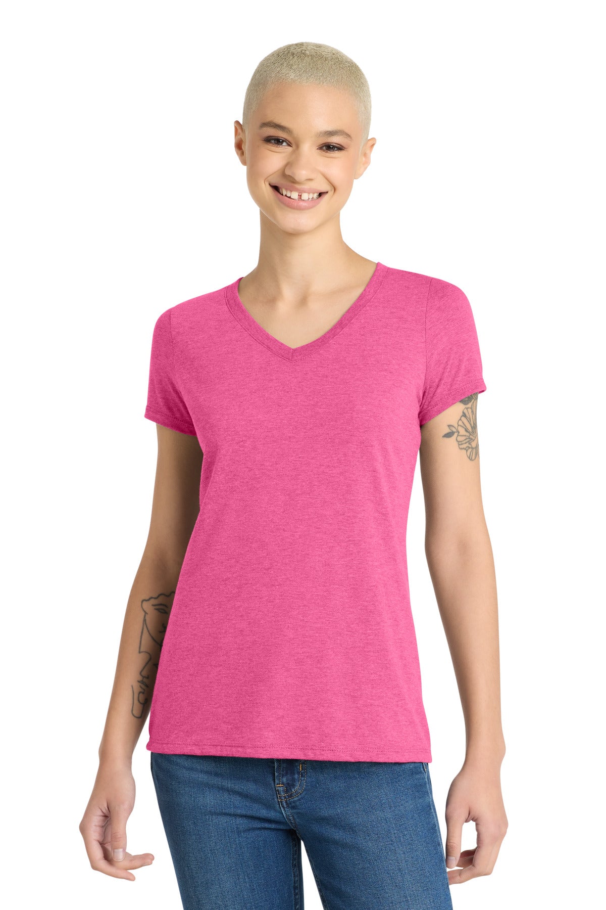 Custom logo District® Women's Perfect Tri® V-Neck Tee. DM1350L in Fuchsia Frost