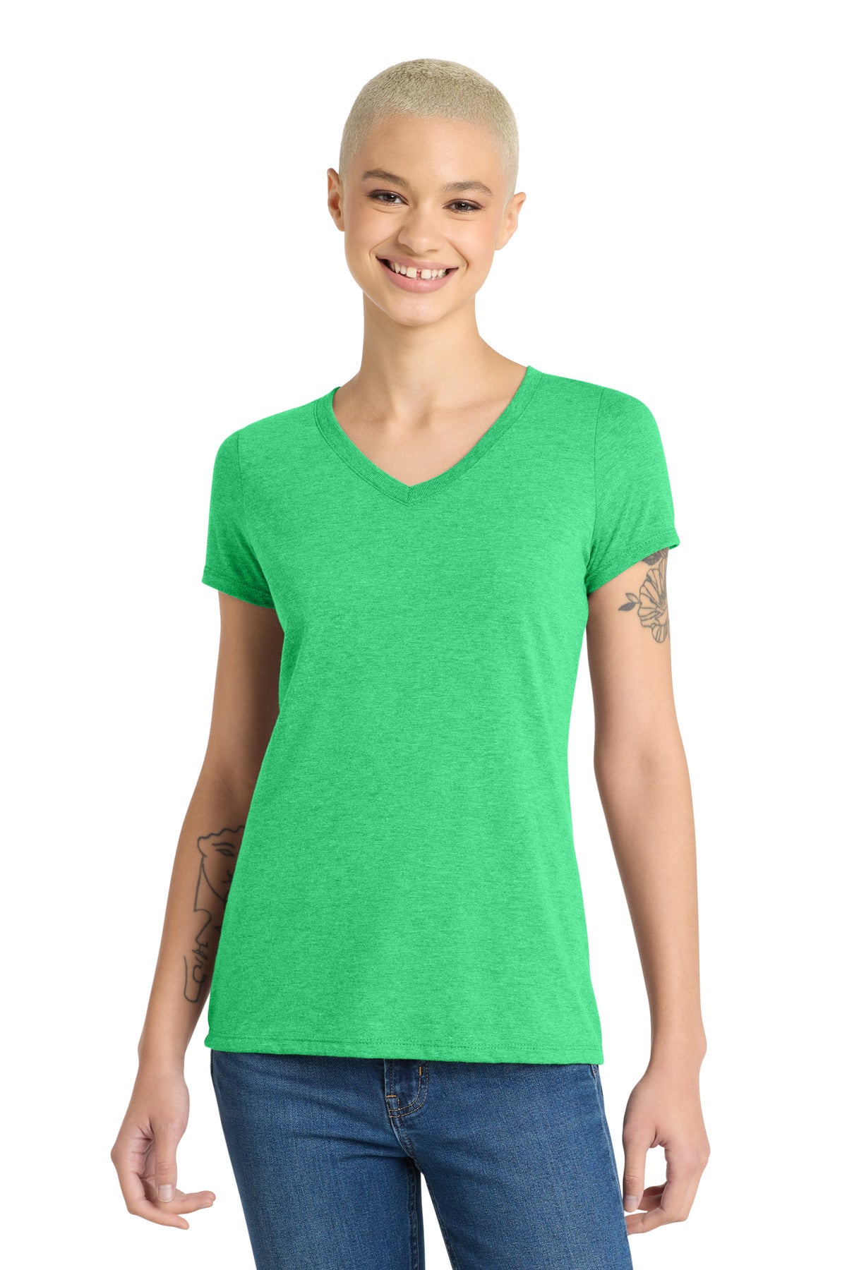 Custom logo District® Women's Perfect Tri® V-Neck Tee. DM1350L in Green Frost