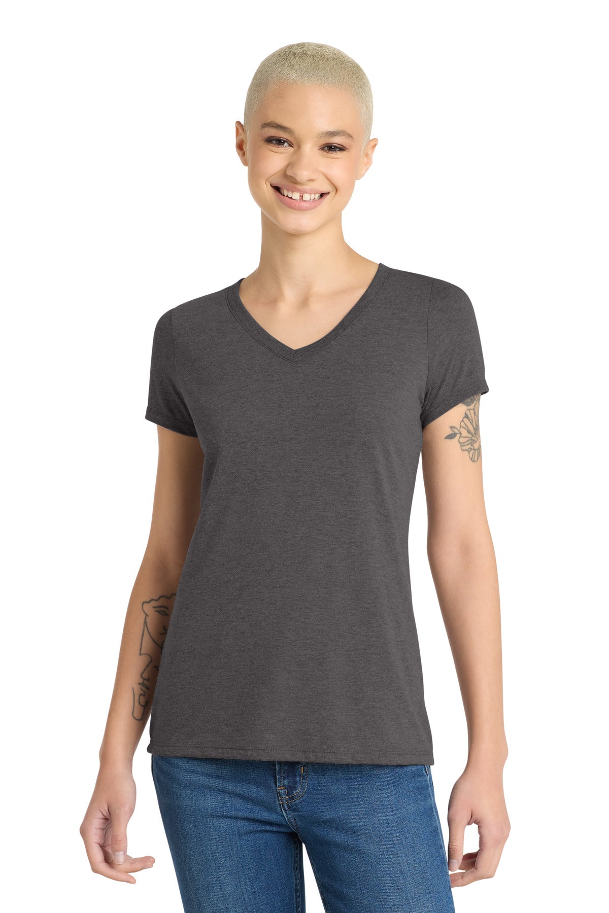 Custom logo District® Women's Perfect Tri® V-Neck Tee. DM1350L in Heathered Charcoal