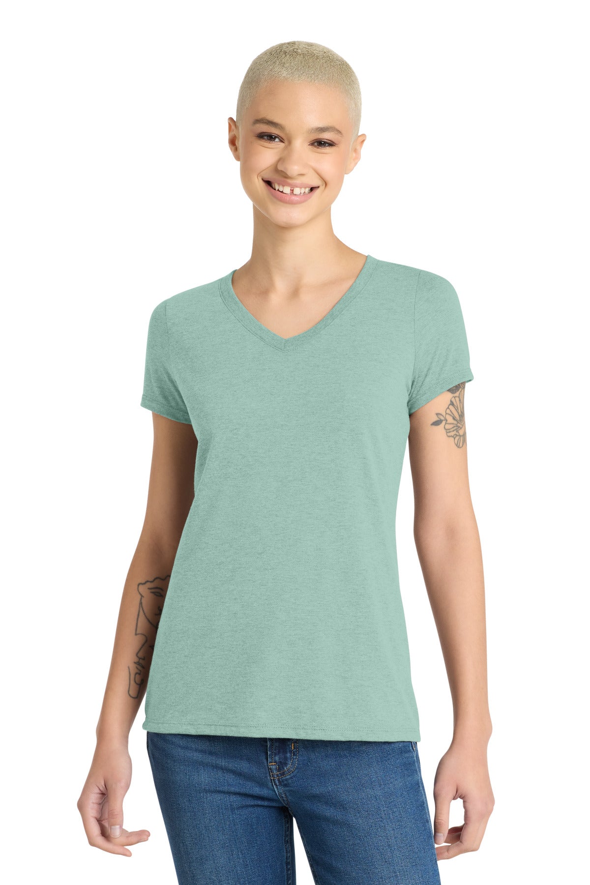 Custom logo District® Women's Perfect Tri® V-Neck Tee. DM1350L in Heathered Dusty Sage