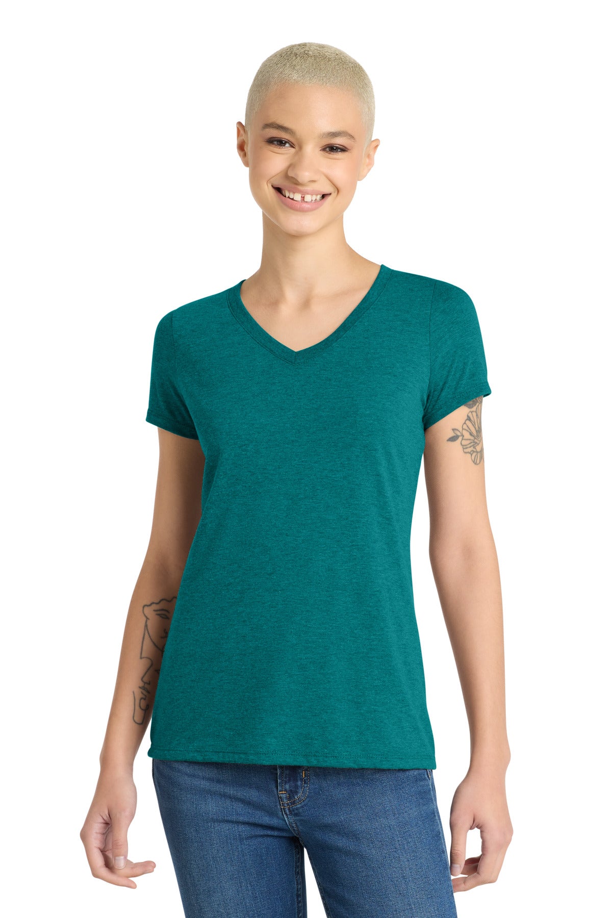 Custom logo District® Women's Perfect Tri® V-Neck Tee. DM1350L in Heathered Teal