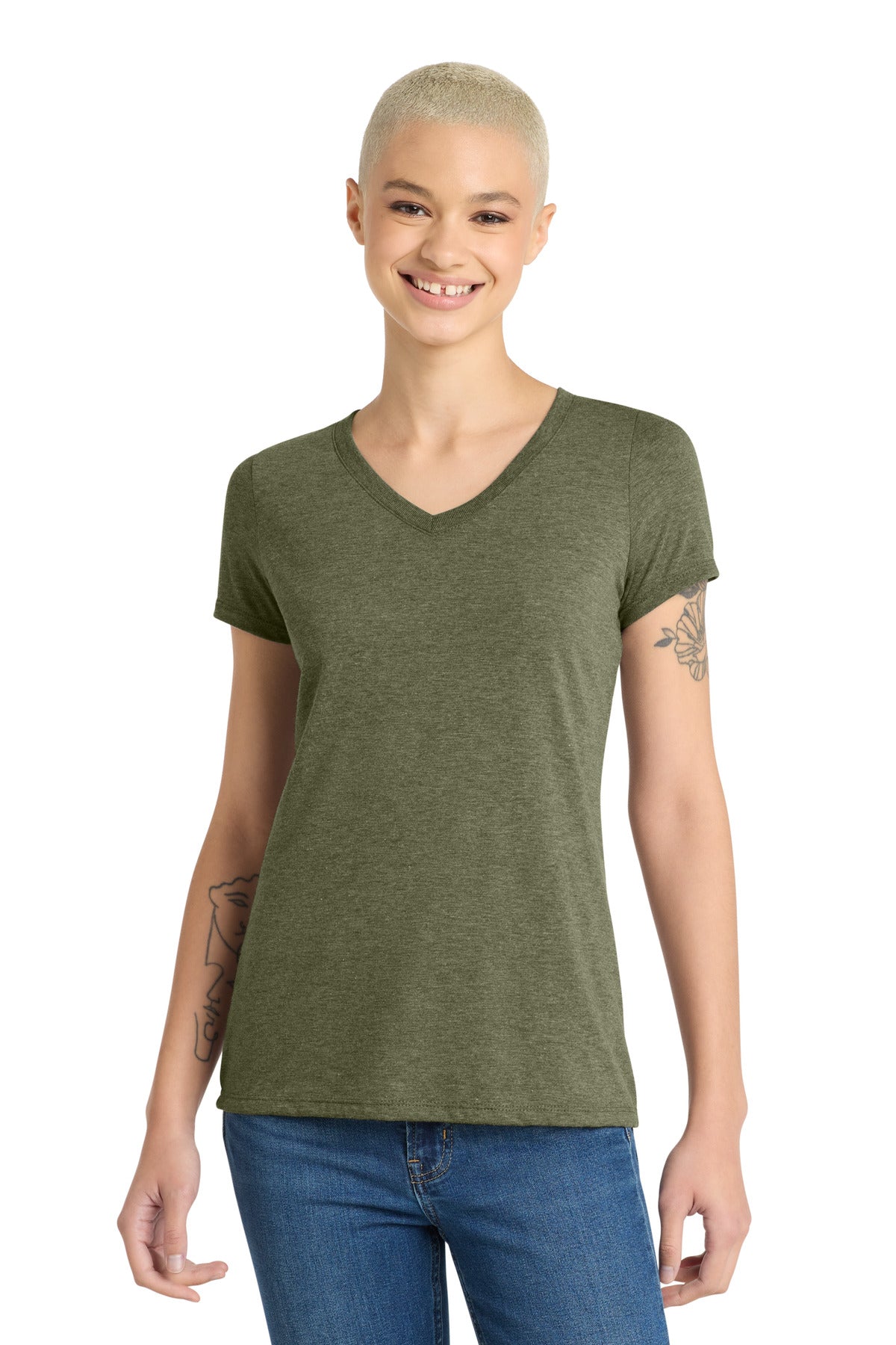Custom logo District® Women's Perfect Tri® V-Neck Tee. DM1350L in Military Green Frost