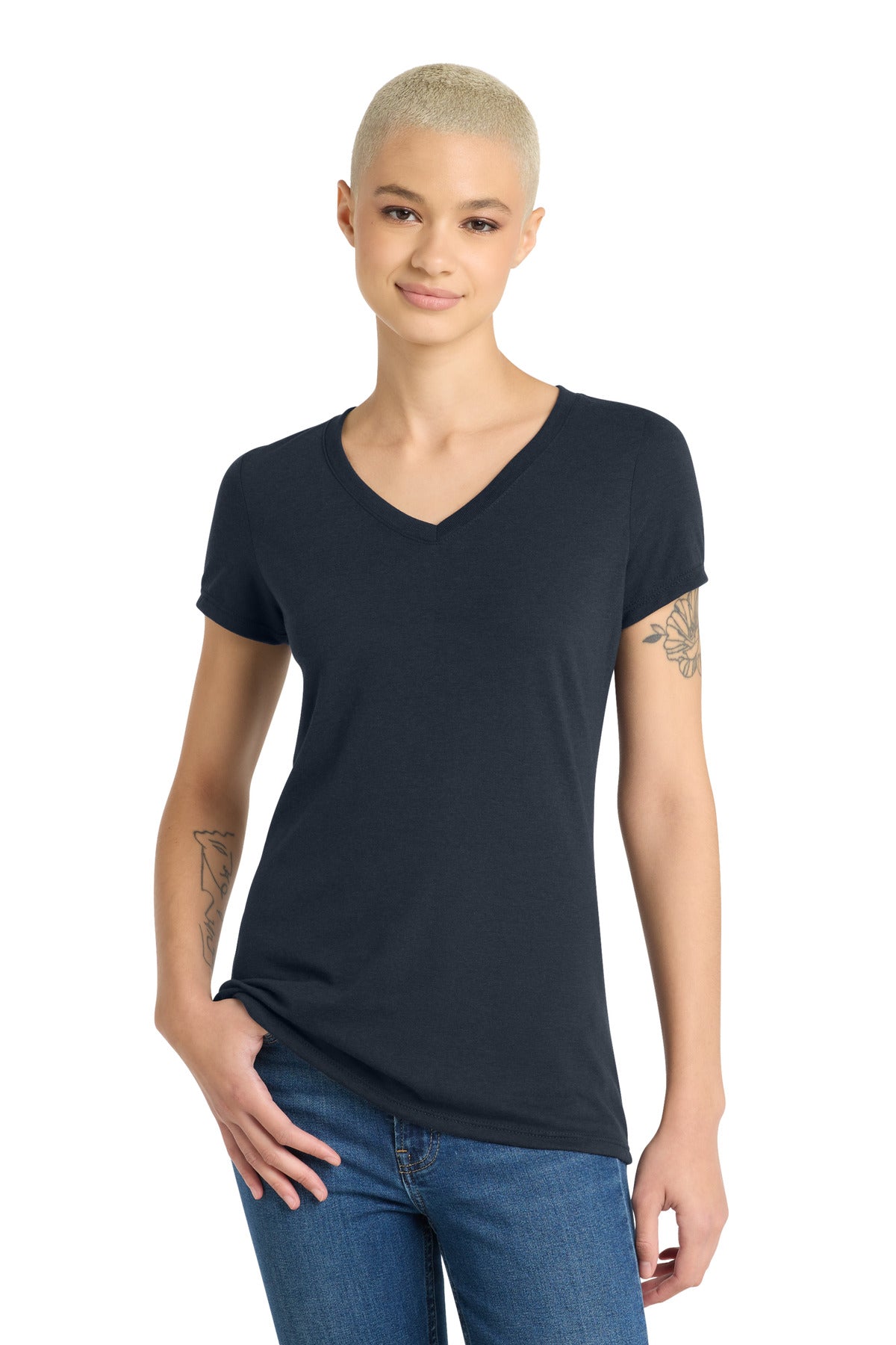 Custom logo District® Women's Perfect Tri® V-Neck Tee. DM1350L in New Navy