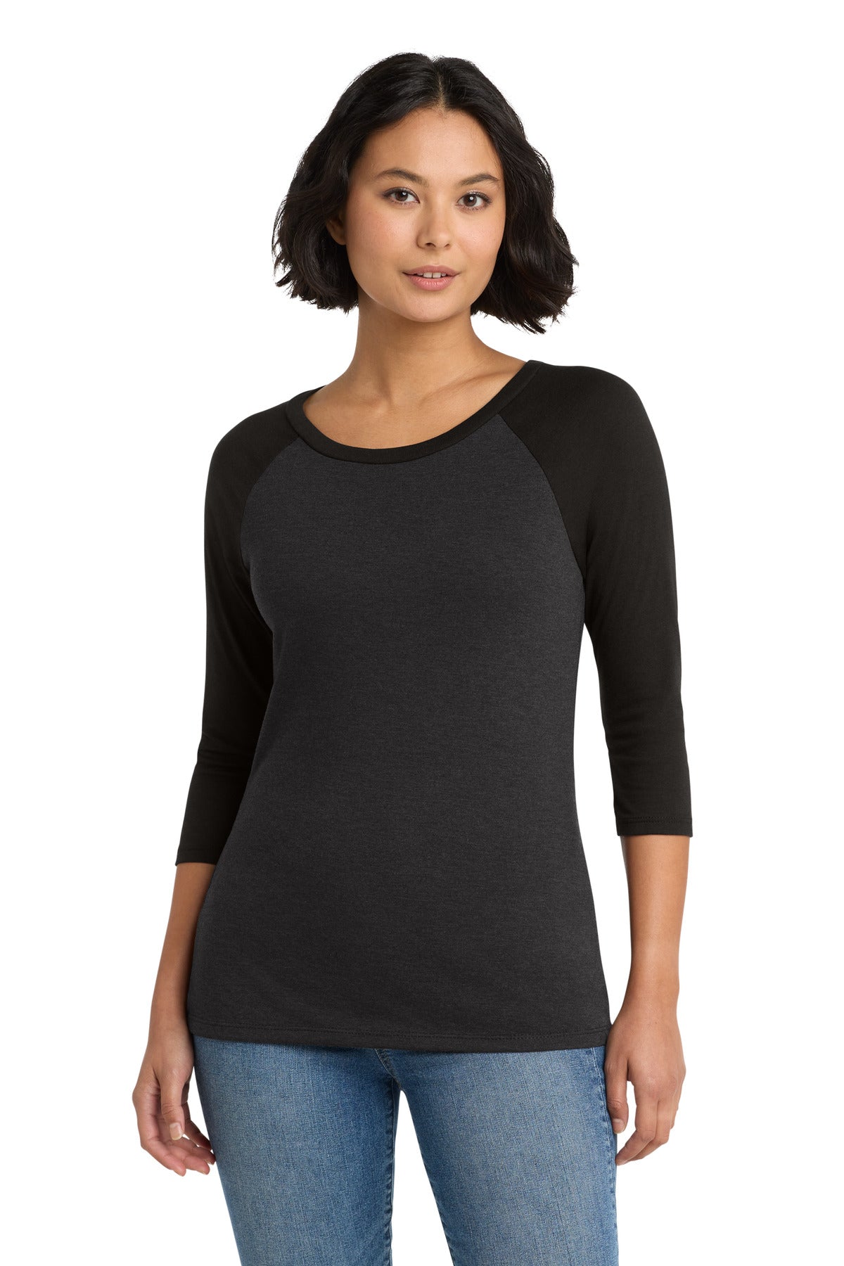 Custom logo District® Women's Perfect Tri® 3/4-Sleeve Raglan. DM136L in Black/ Black Frost