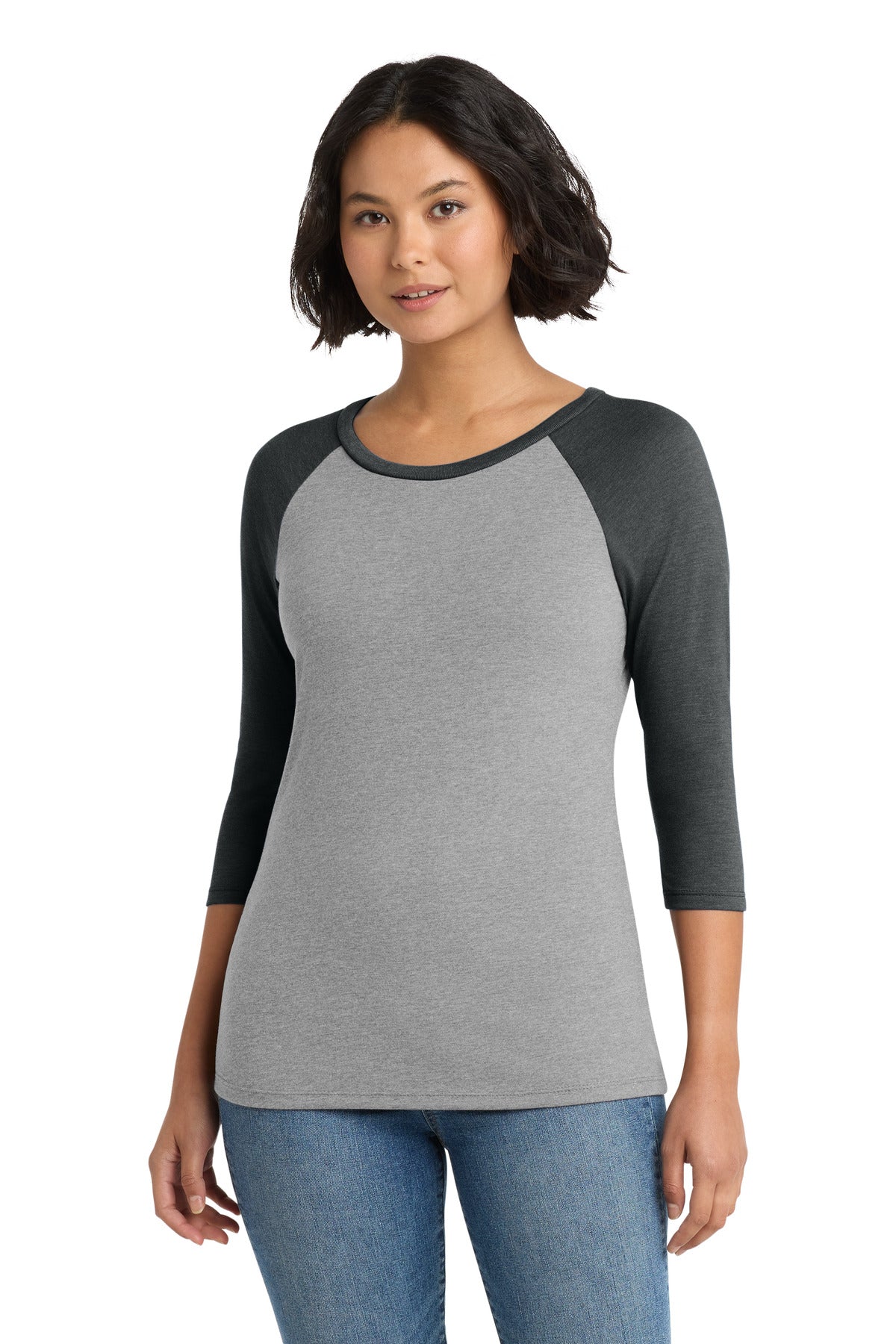 Custom logo District® Women's Perfect Tri® 3/4-Sleeve Raglan. DM136L in Black Frost/ Grey Frost