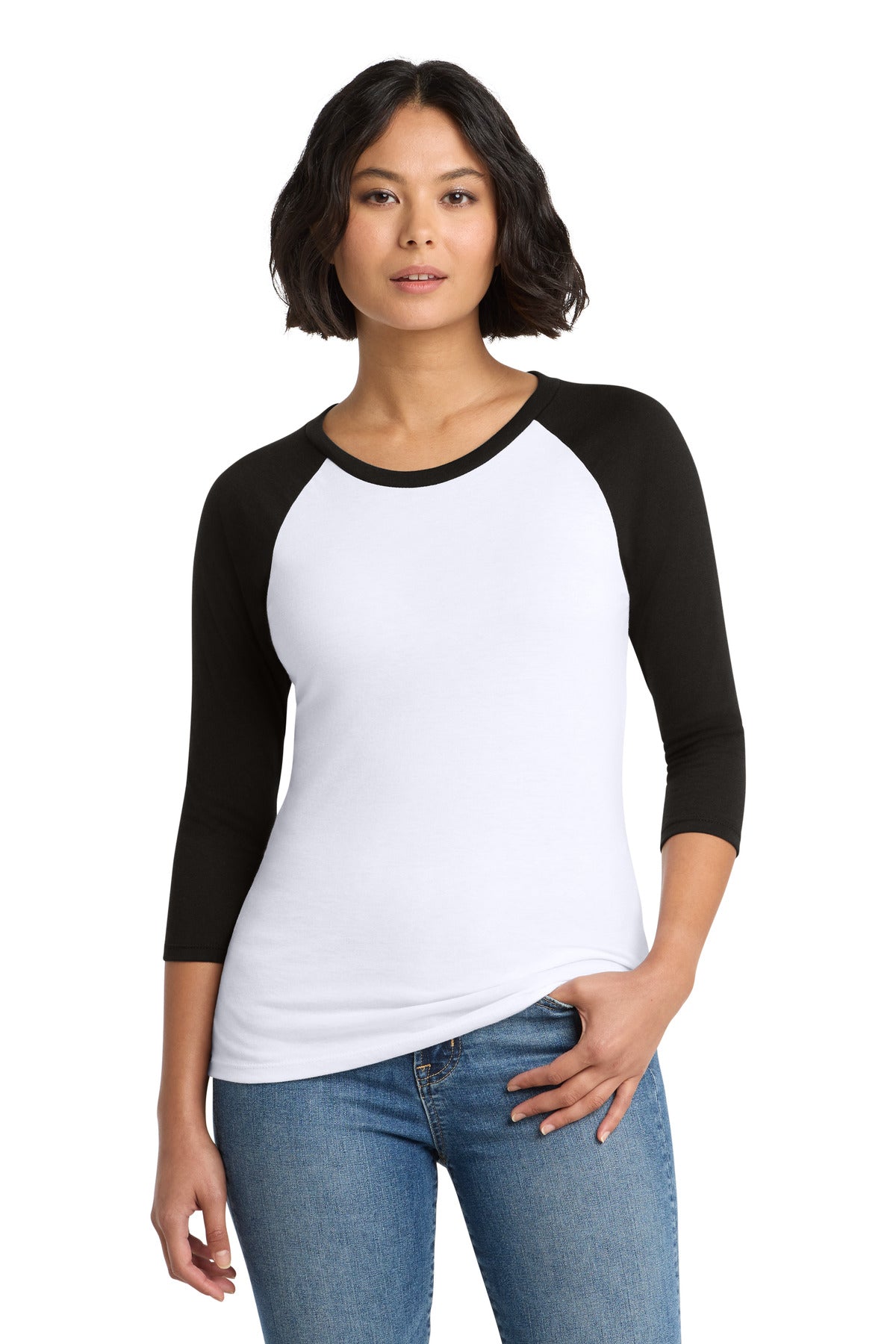 Custom logo District® Women's Perfect Tri® 3/4-Sleeve Raglan. DM136L in Black/ White