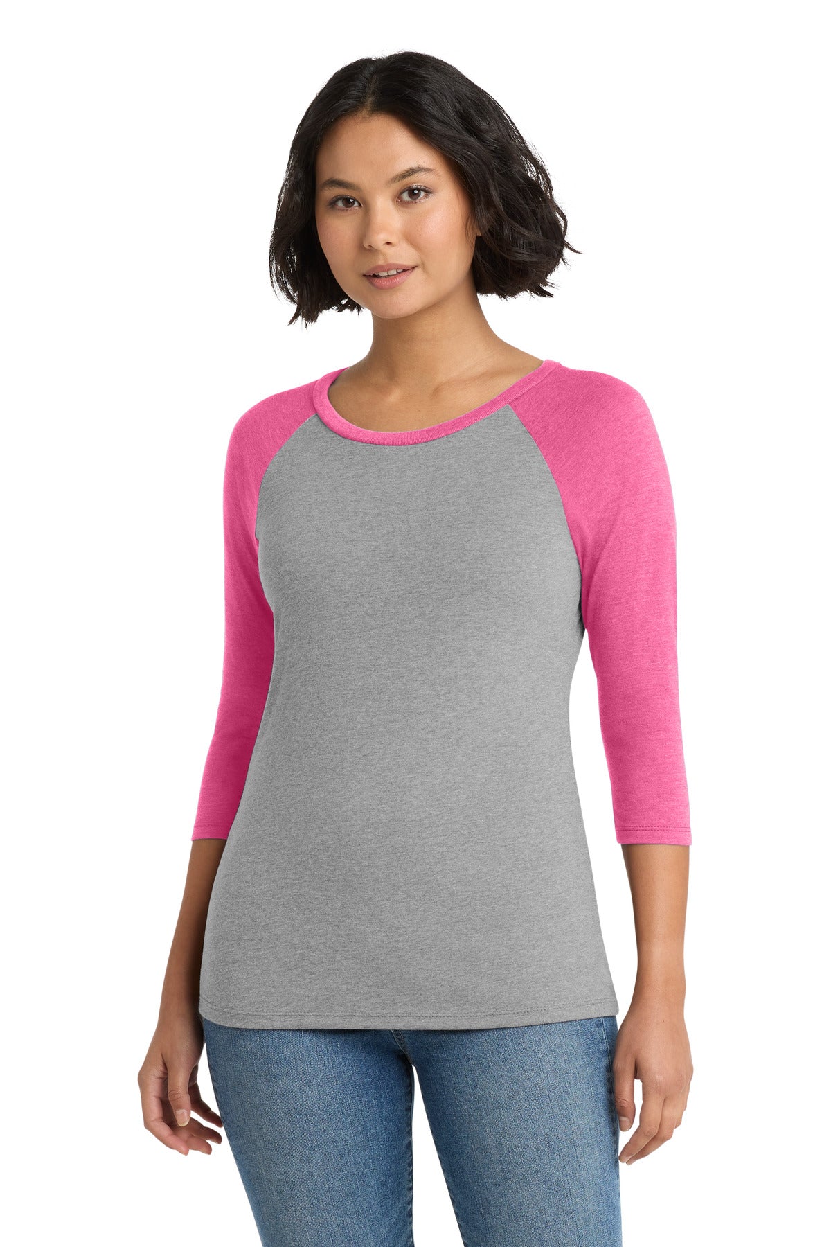 Custom logo District® Women's Perfect Tri® 3/4-Sleeve Raglan. DM136L in Fuchsia Frost/ Grey Frost