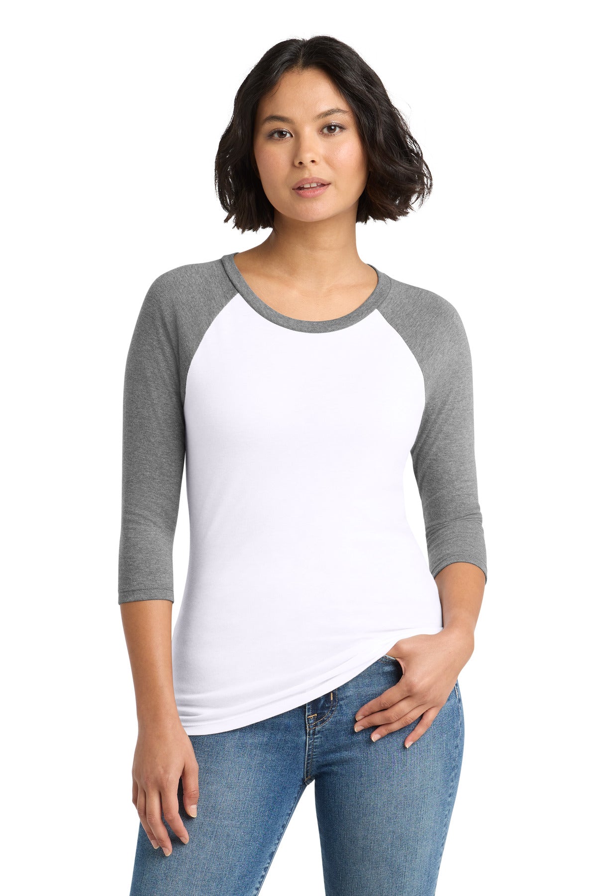 Custom logo District® Women's Perfect Tri® 3/4-Sleeve Raglan. DM136L in Grey Frost/ White