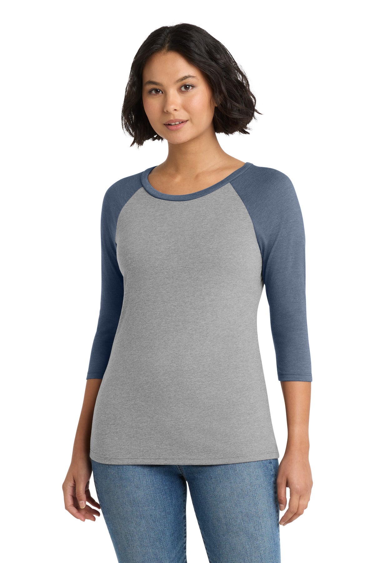 Custom logo District® Women's Perfect Tri® 3/4-Sleeve Raglan. DM136L in Navy Frost/ Grey Frost