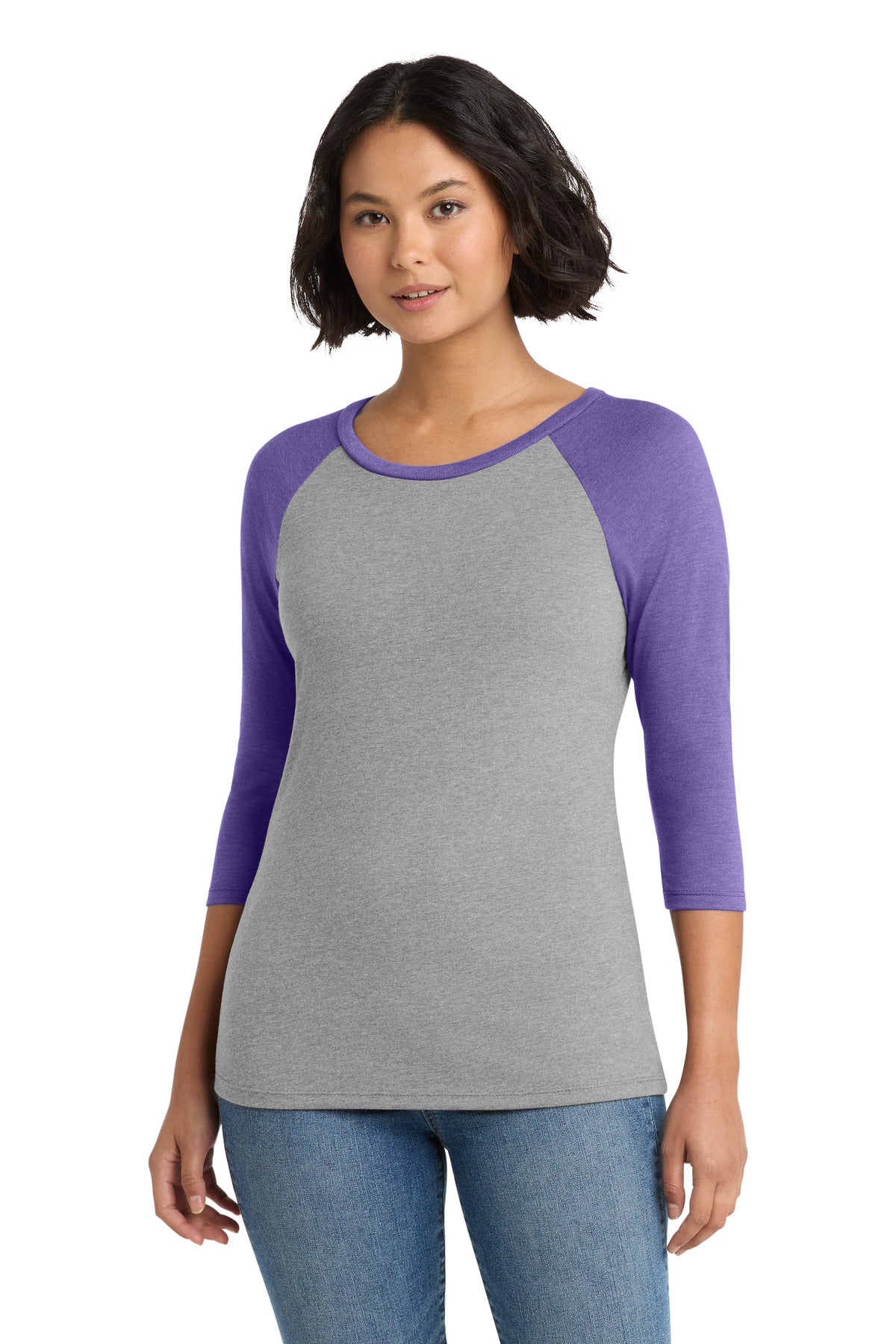 Custom logo District® Women's Perfect Tri® 3/4-Sleeve Raglan. DM136L in Purple Frost/ Grey Frost