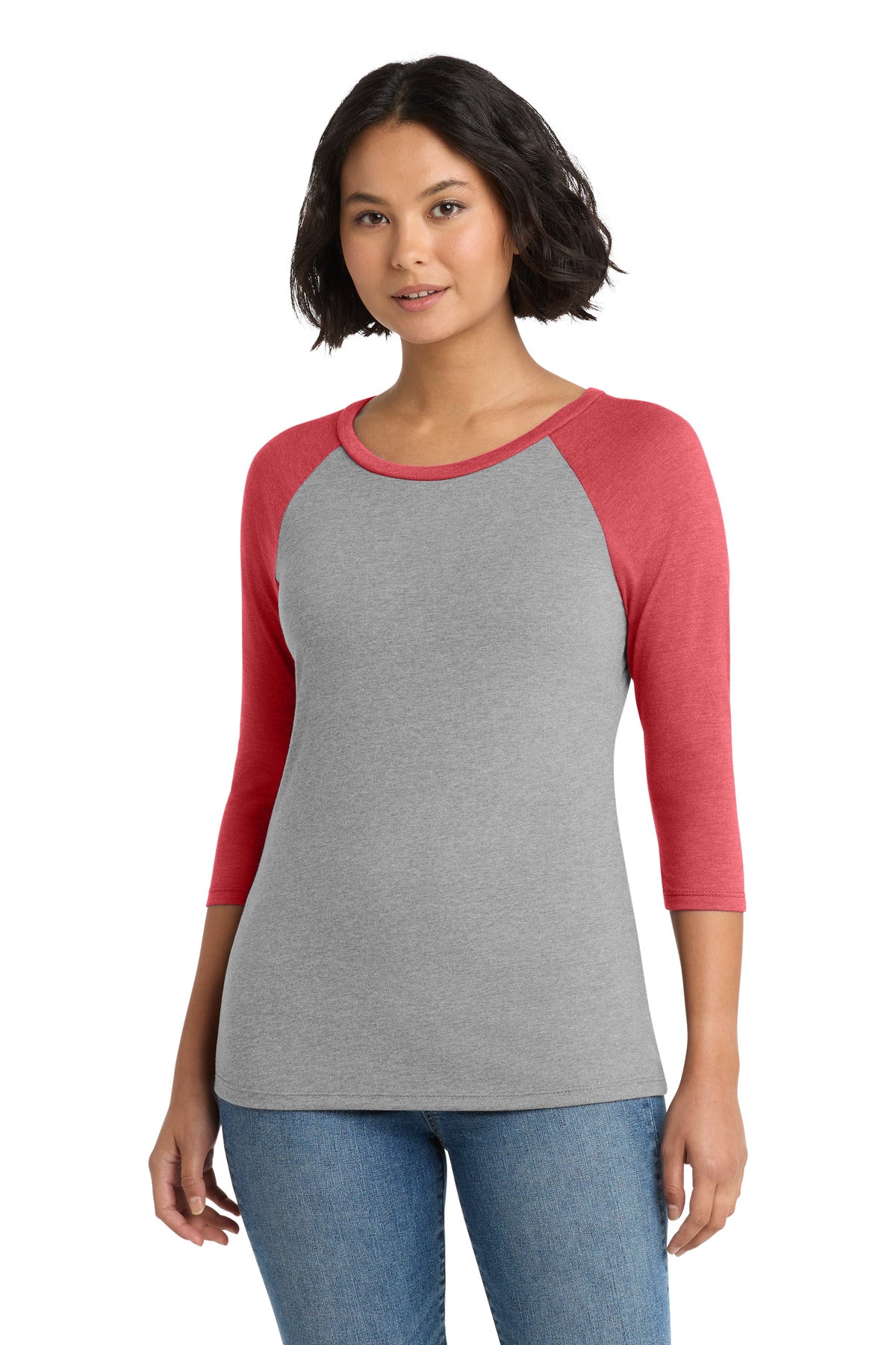 Custom logo District® Women's Perfect Tri® 3/4-Sleeve Raglan. DM136L in Red Frost/ Grey Frost