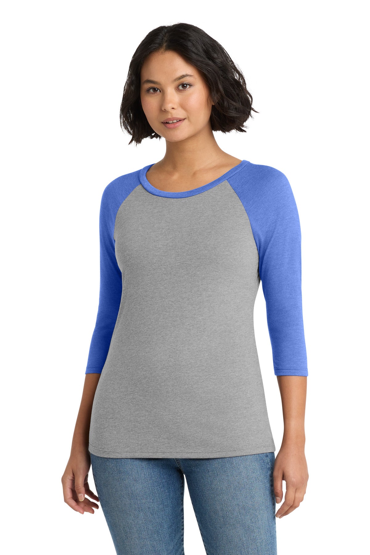 Custom logo District® Women's Perfect Tri® 3/4-Sleeve Raglan. DM136L in Royal Frost/ Grey Frost