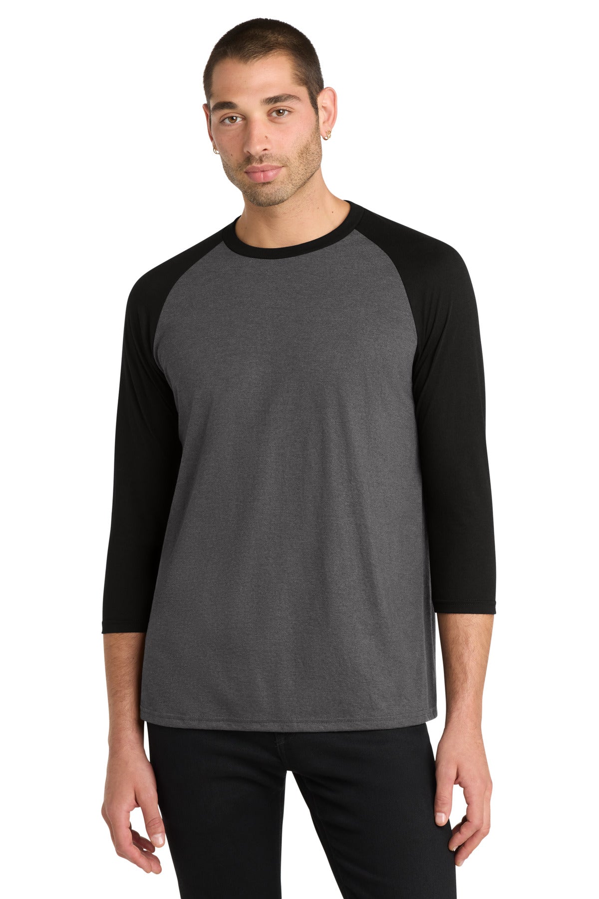 Custom logo District ® Perfect Tri® 3/4-Sleeve Raglan. DM136 in Black/ Black Frost