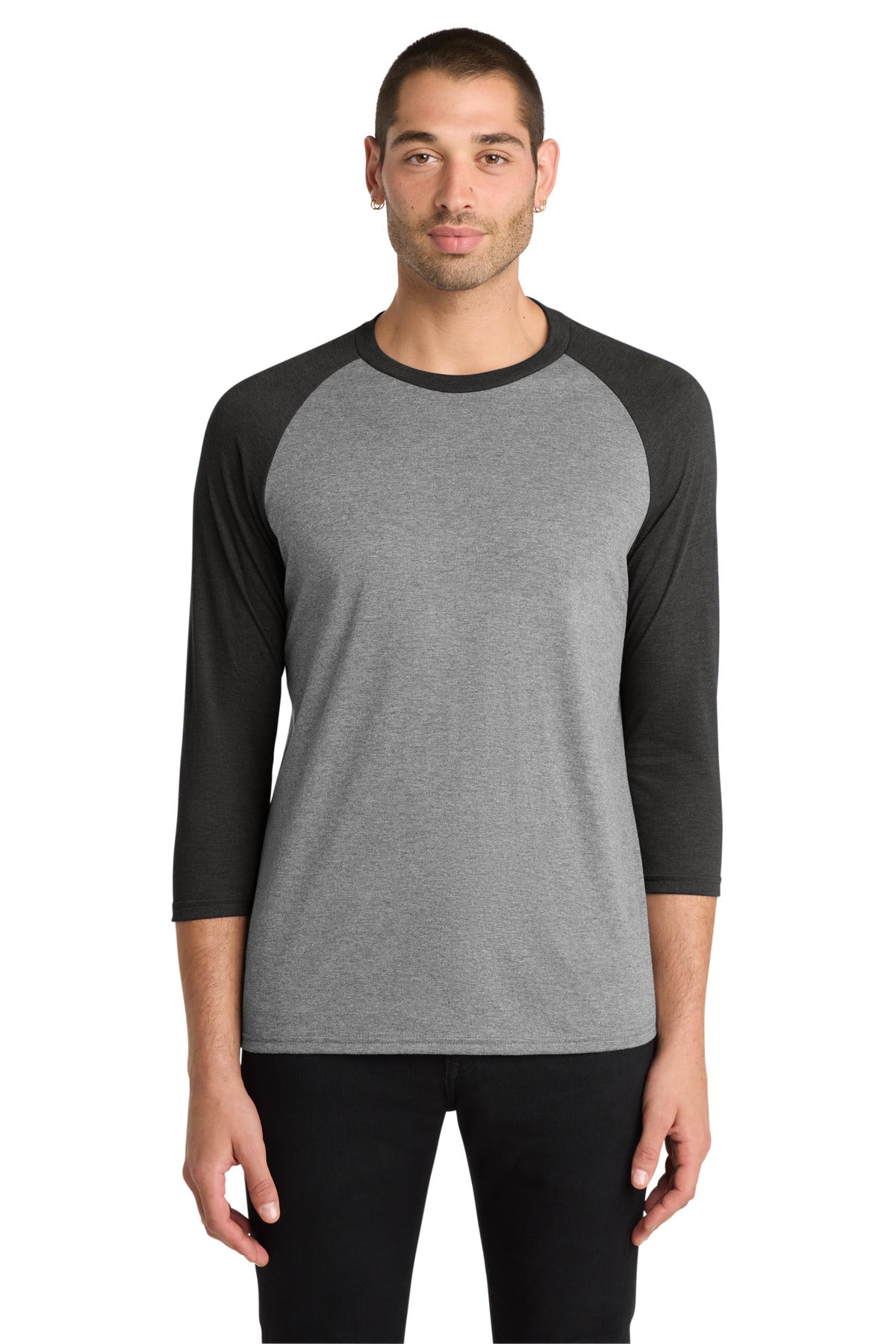 Custom logo District ® Perfect Tri® 3/4-Sleeve Raglan. DM136 in Black Frost/ Grey Frost