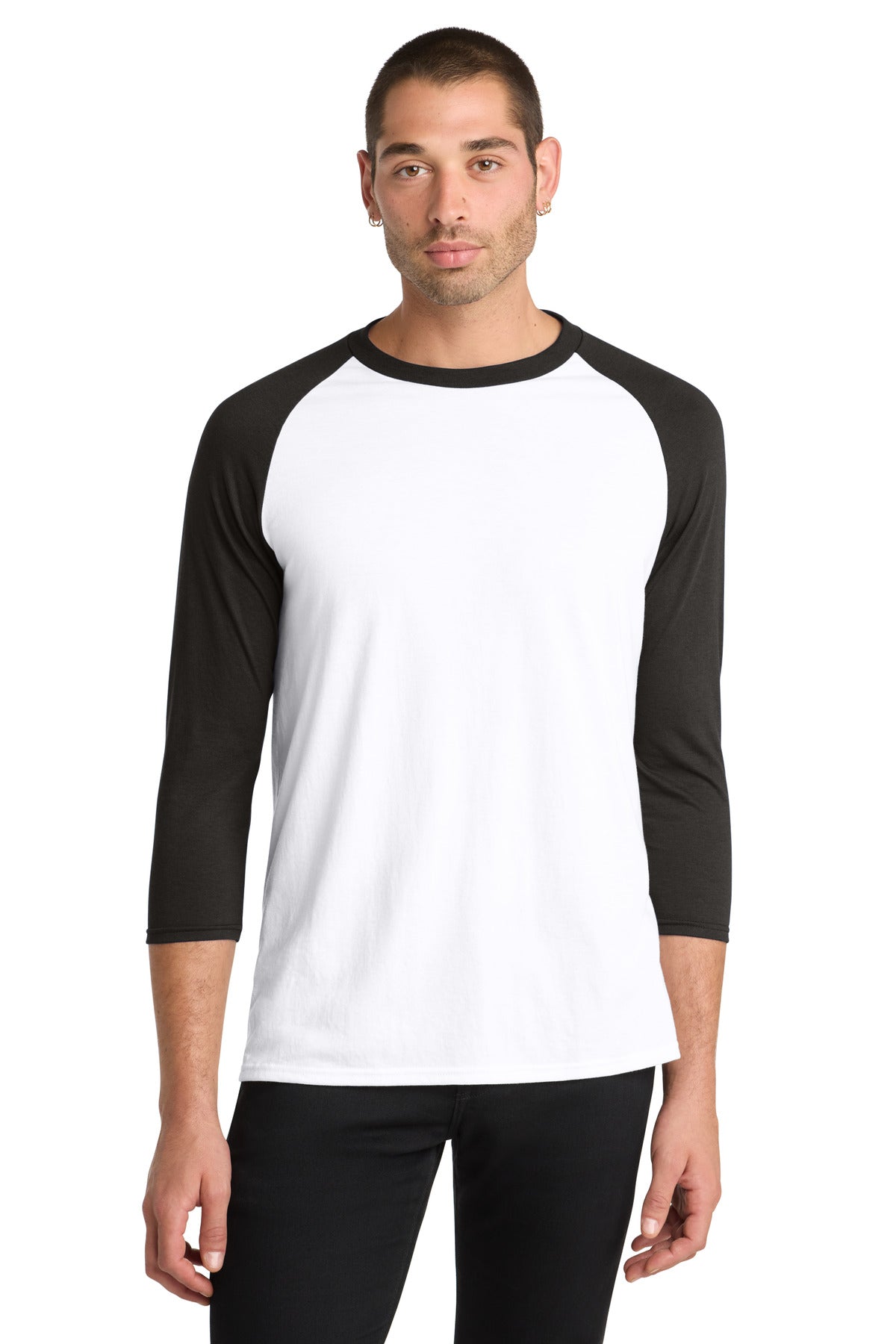 Custom logo District ® Perfect Tri® 3/4-Sleeve Raglan. DM136 in Black/ White