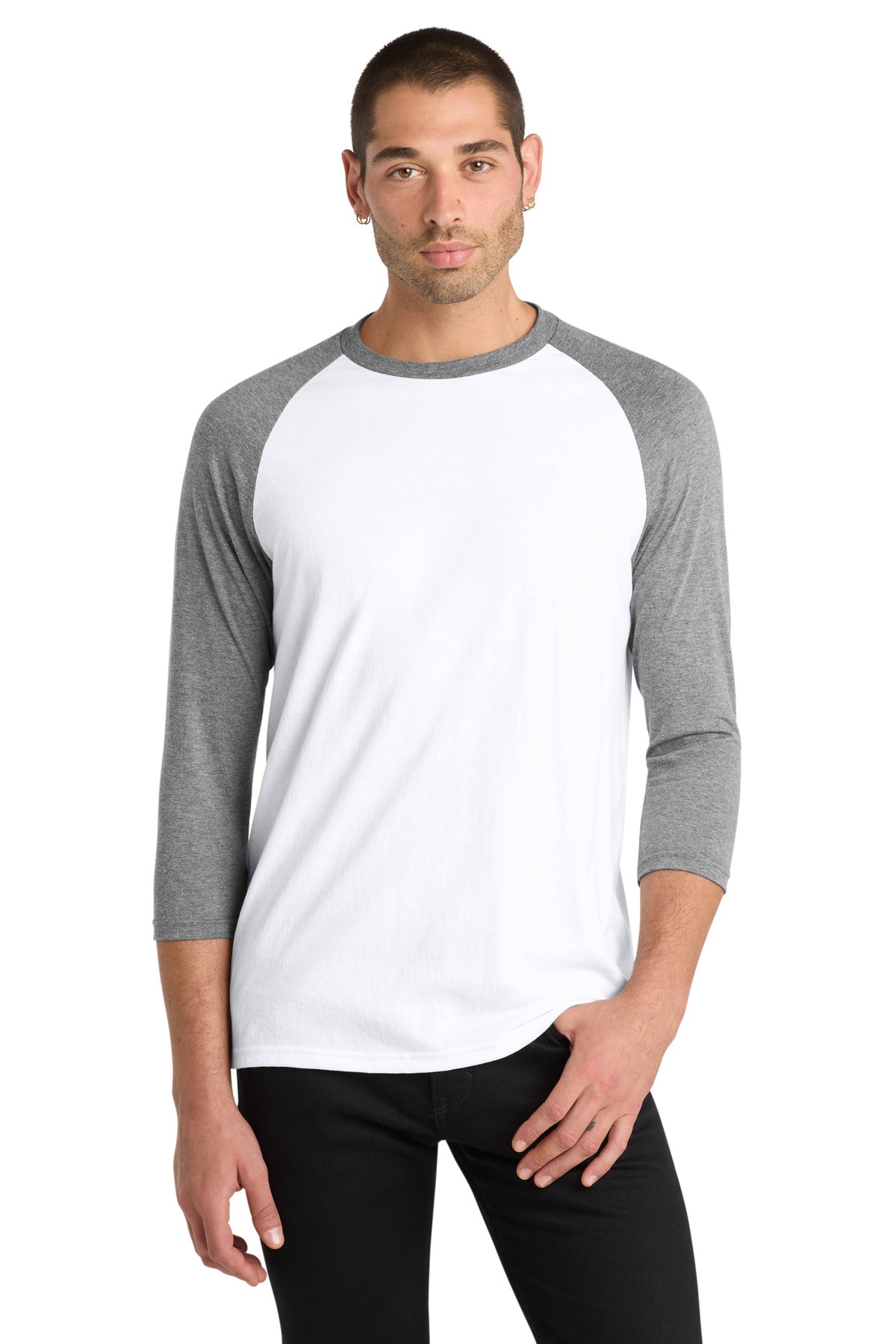 Custom logo District ® Perfect Tri® 3/4-Sleeve Raglan. DM136 in Grey Frost/ White