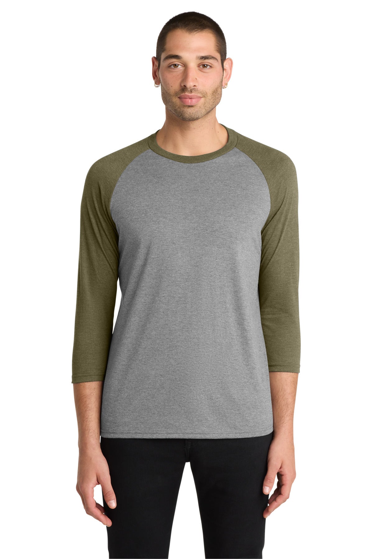 Custom logo District ® Perfect Tri® 3/4-Sleeve Raglan. DM136 in Military Green Frost/ Grey Frost