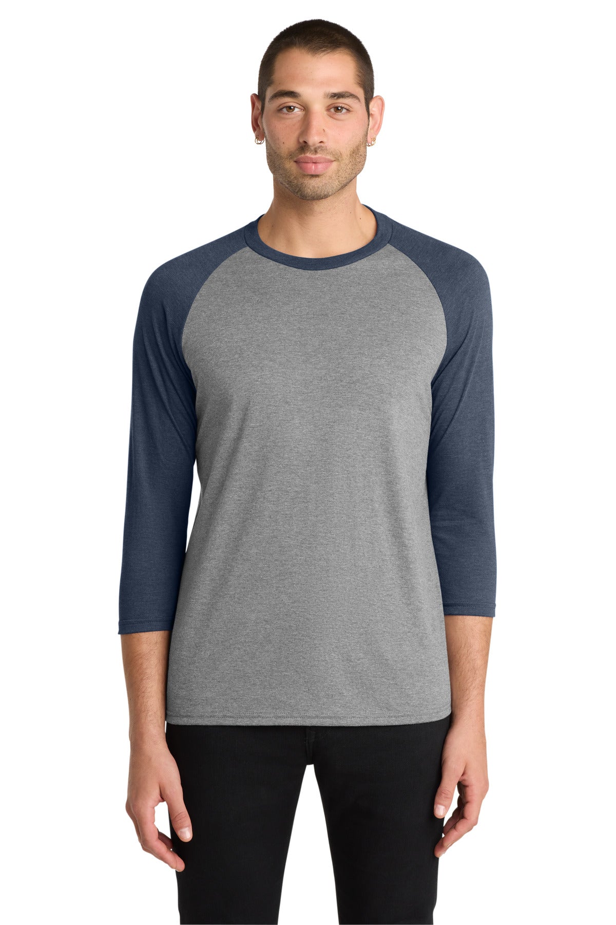 Custom logo District ® Perfect Tri® 3/4-Sleeve Raglan. DM136 in Navy Frost/ Grey Frost
