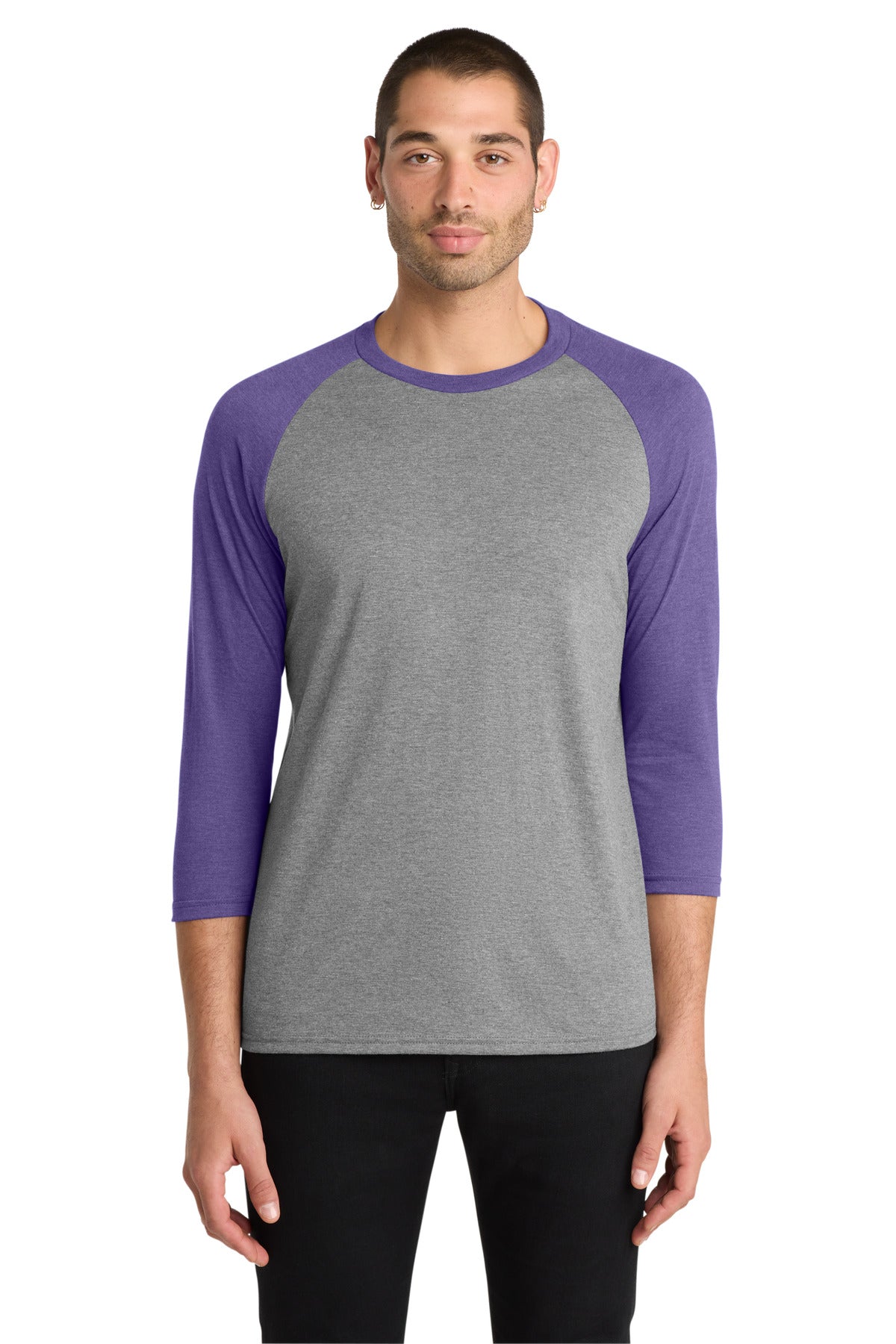 Custom logo District ® Perfect Tri® 3/4-Sleeve Raglan. DM136 in Purple Frost/ Grey Frost