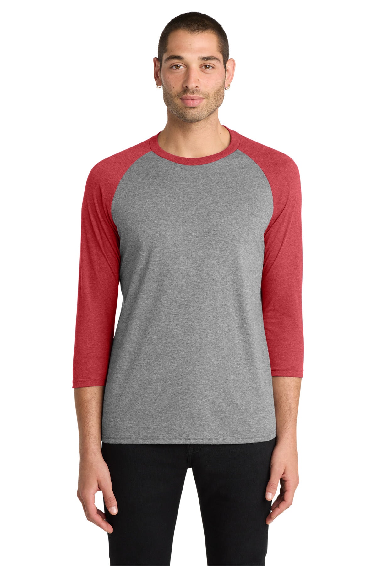 Custom logo District ® Perfect Tri® 3/4-Sleeve Raglan. DM136 in Red Frost/ Grey Frost