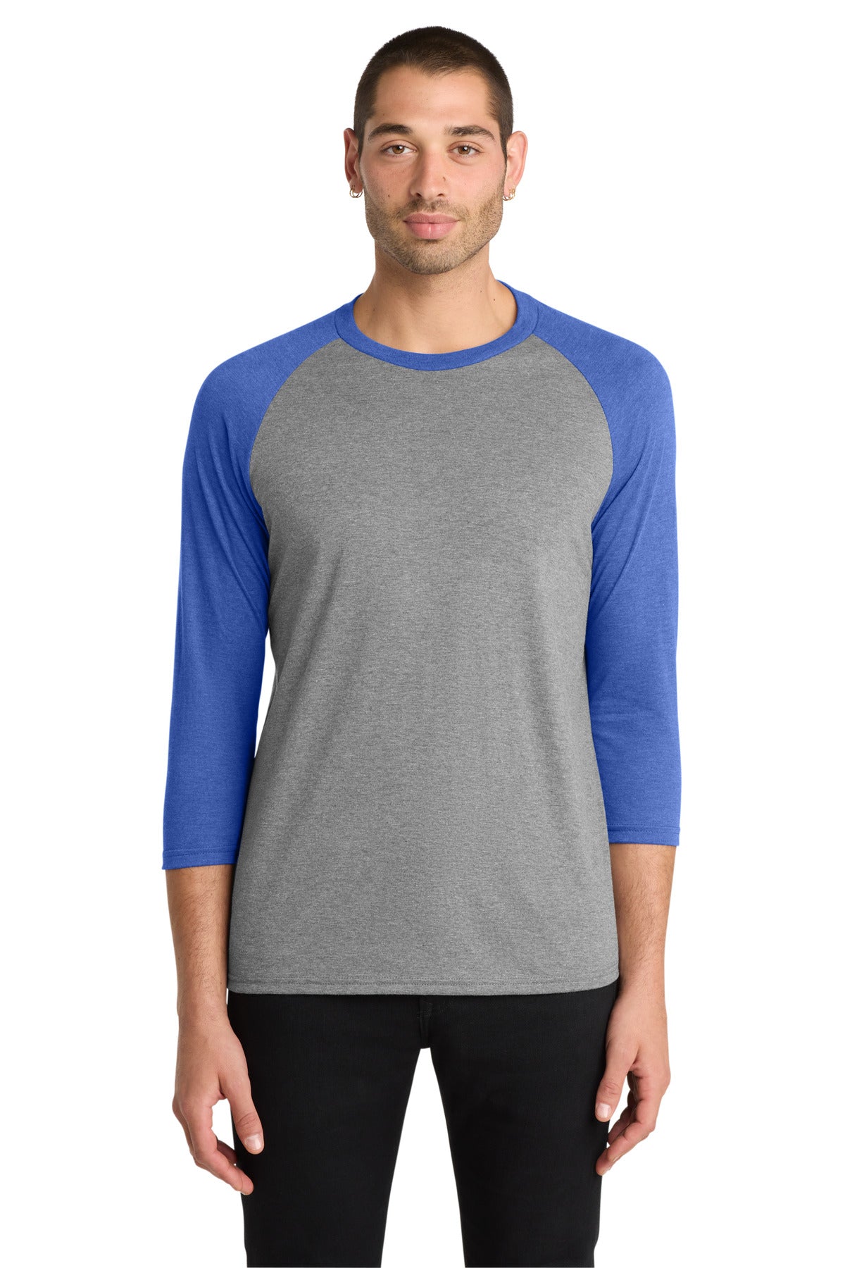Custom logo District ® Perfect Tri® 3/4-Sleeve Raglan. DM136 in Royal Frost/ Grey Frost