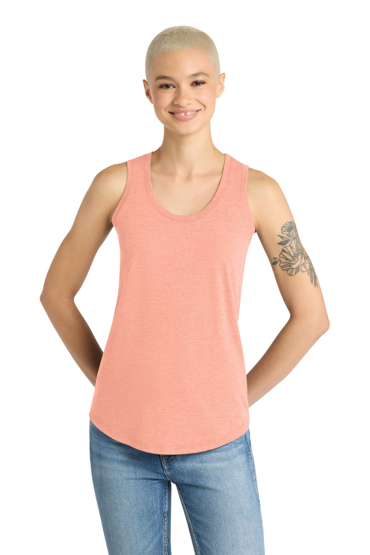 Custom logo District ® Women's Perfect Tri® Racerback Tank. DM138L in Heathered Dusty Peach