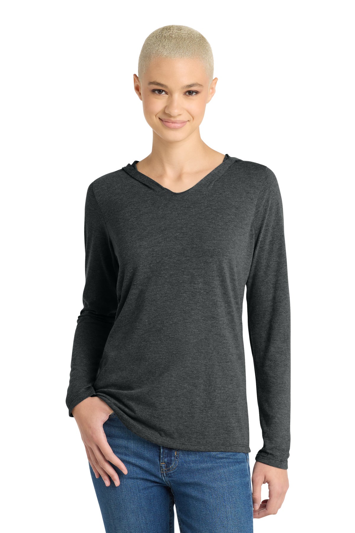 Custom logo District® Women's Perfect Tri® Long Sleeve Hoodie. DM139L in Black Frost