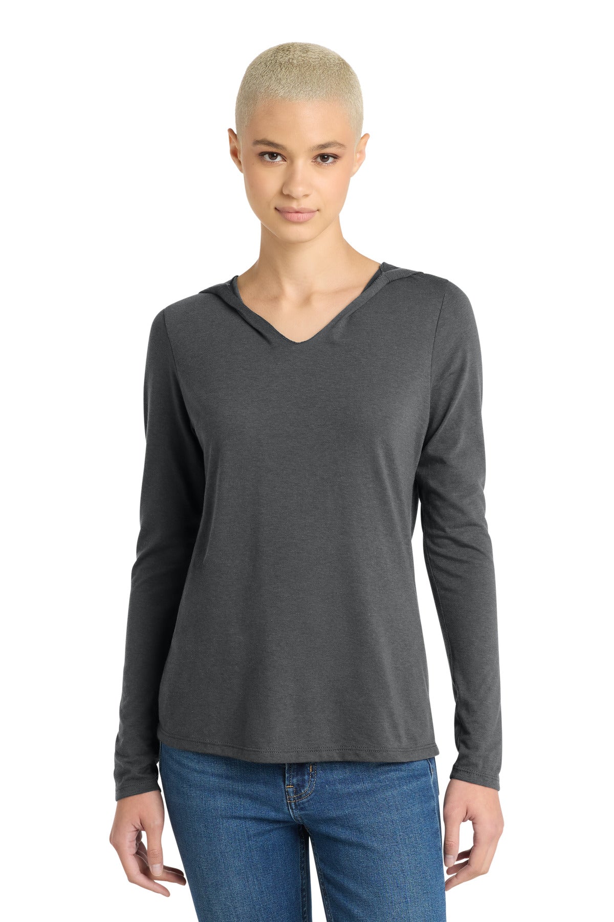 Custom logo District® Women's Perfect Tri® Long Sleeve Hoodie. DM139L in Charcoal