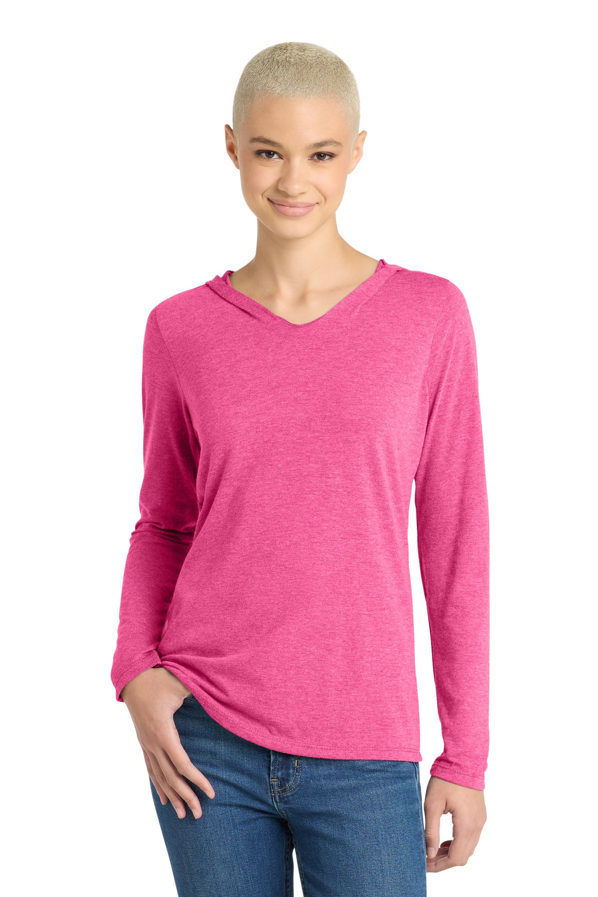 Custom logo District® Women's Perfect Tri® Long Sleeve Hoodie. DM139L in Fuchsia Frost