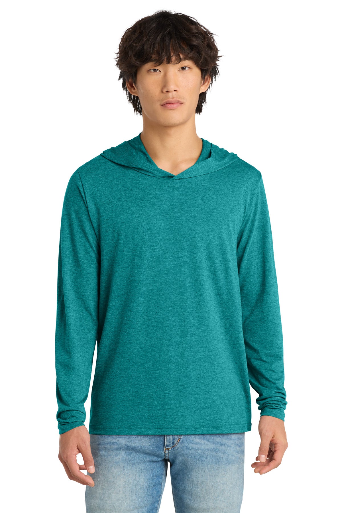 Custom logo District® Perfect Tri® Long Sleeve Hoodie. DM139 in Heathered Teal