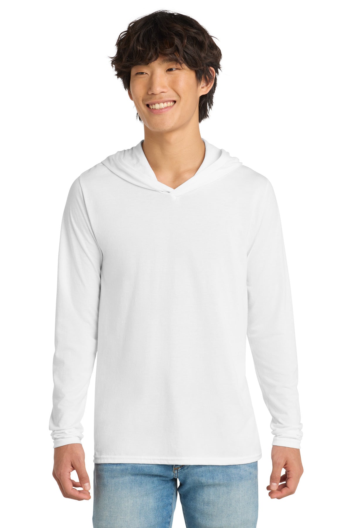 Custom logo District® Perfect Tri® Long Sleeve Hoodie. DM139 in White